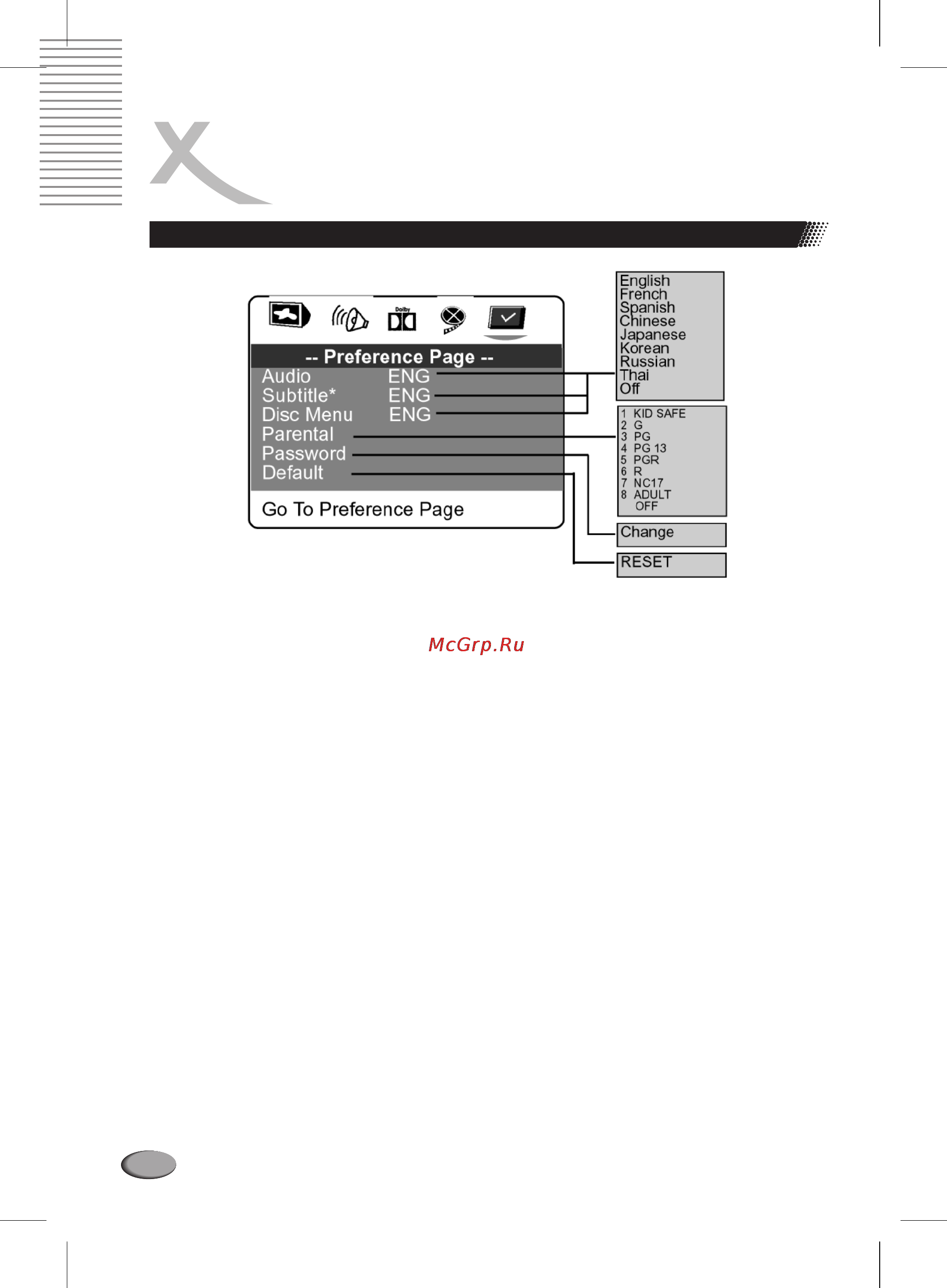 Xoro HSD 705 [32/36] Меню настроек dvd проигрывателя
