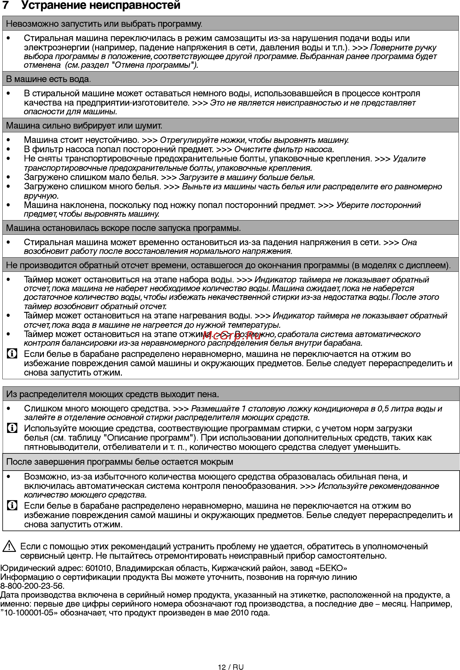 Beko WKN 50811 M [12/16] Устранение неисправностей