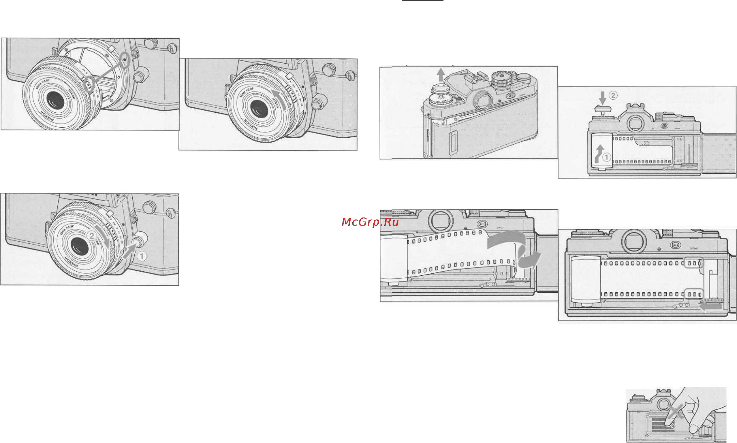 Nikon FM3A [7/28] Вложите кассету с пленкой 1 нажмите на ручку перемотки 2 чтобы вернуть ее в прежнее положение
