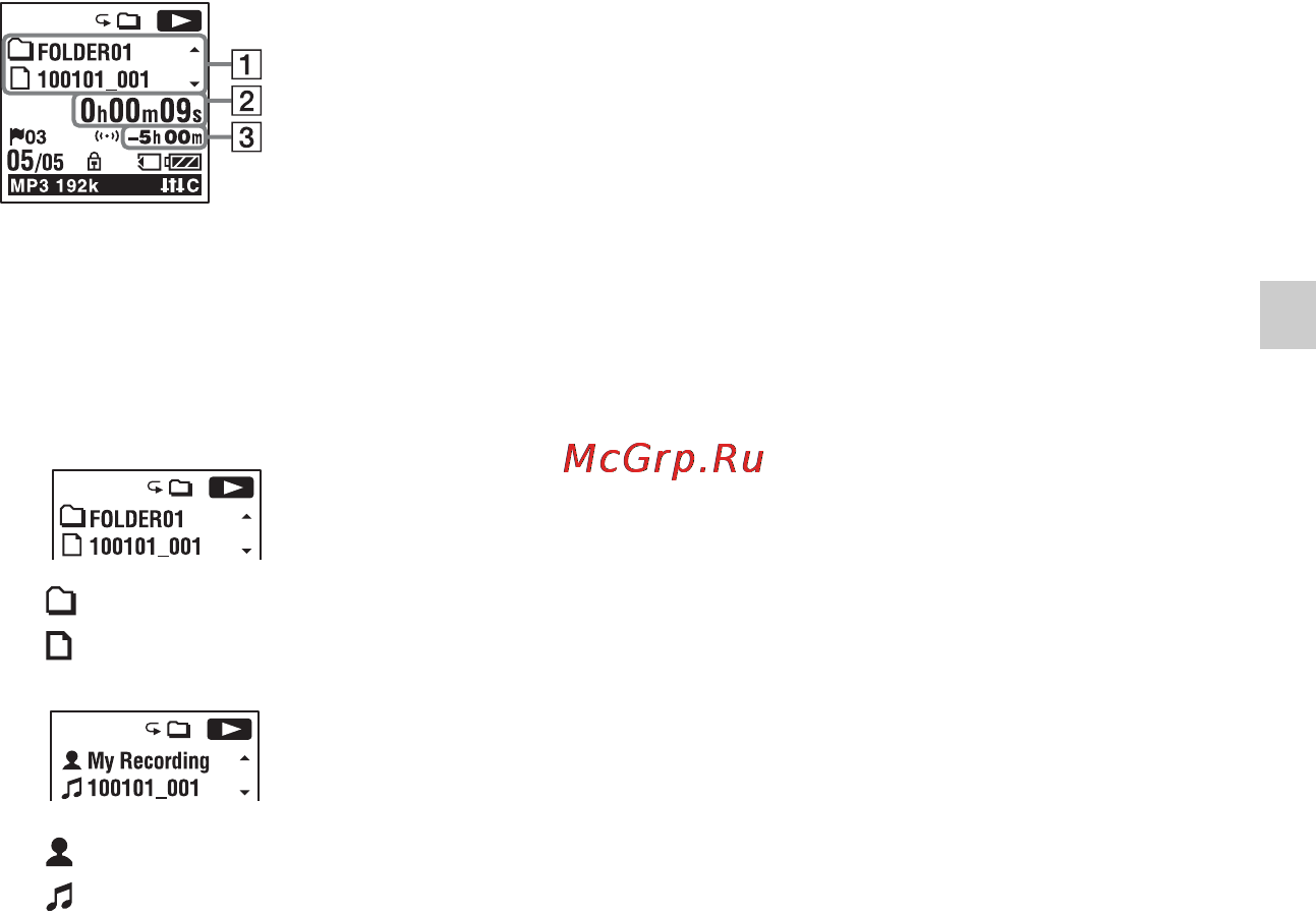 Sony ICDUX512R.CE7 Red [33/174] Дисплей во время воспроизведения файла