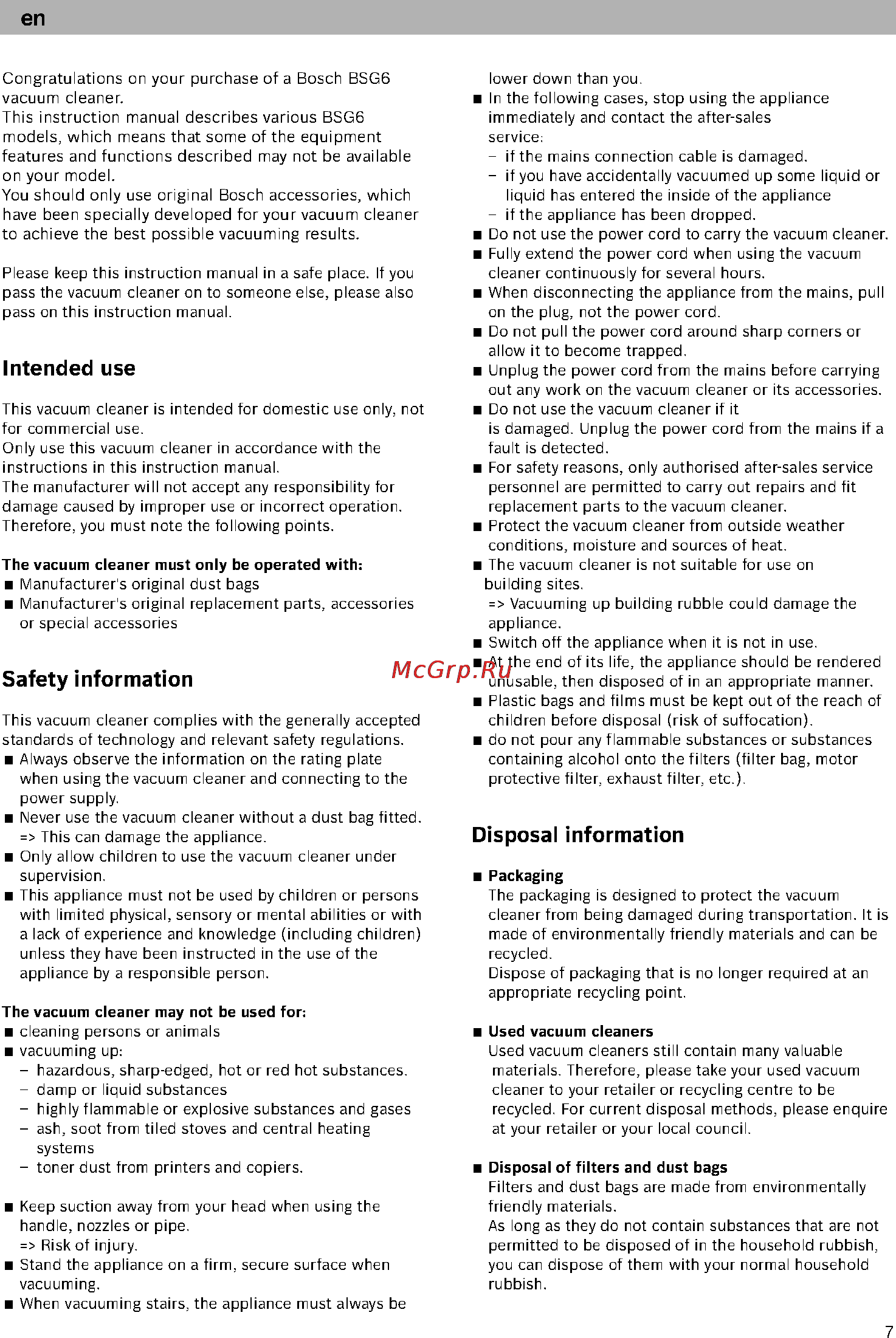Bosch BSG61800 [12/101] Disposal information