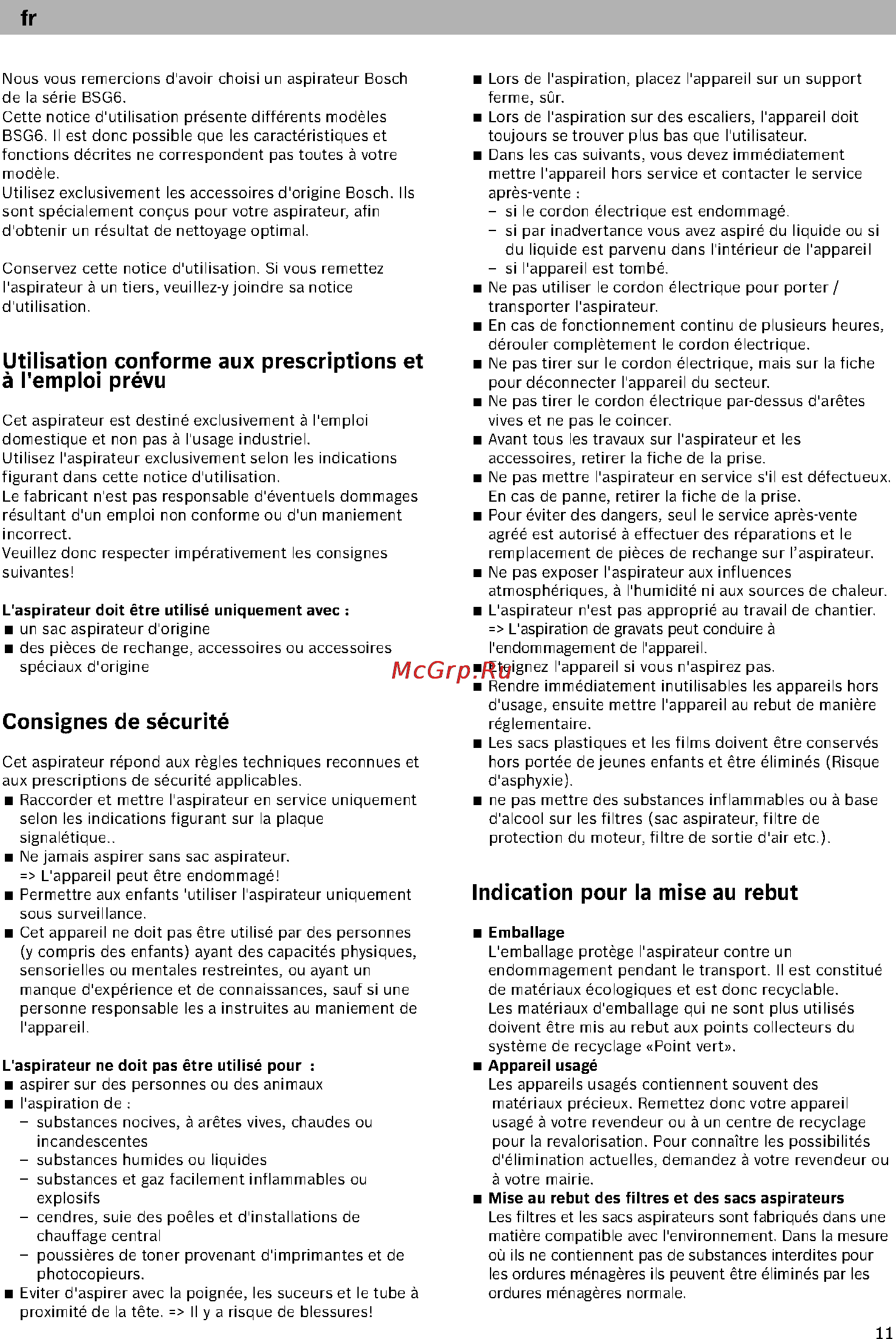 Bosch BSG61800 [16/101] Consignes de sécurité