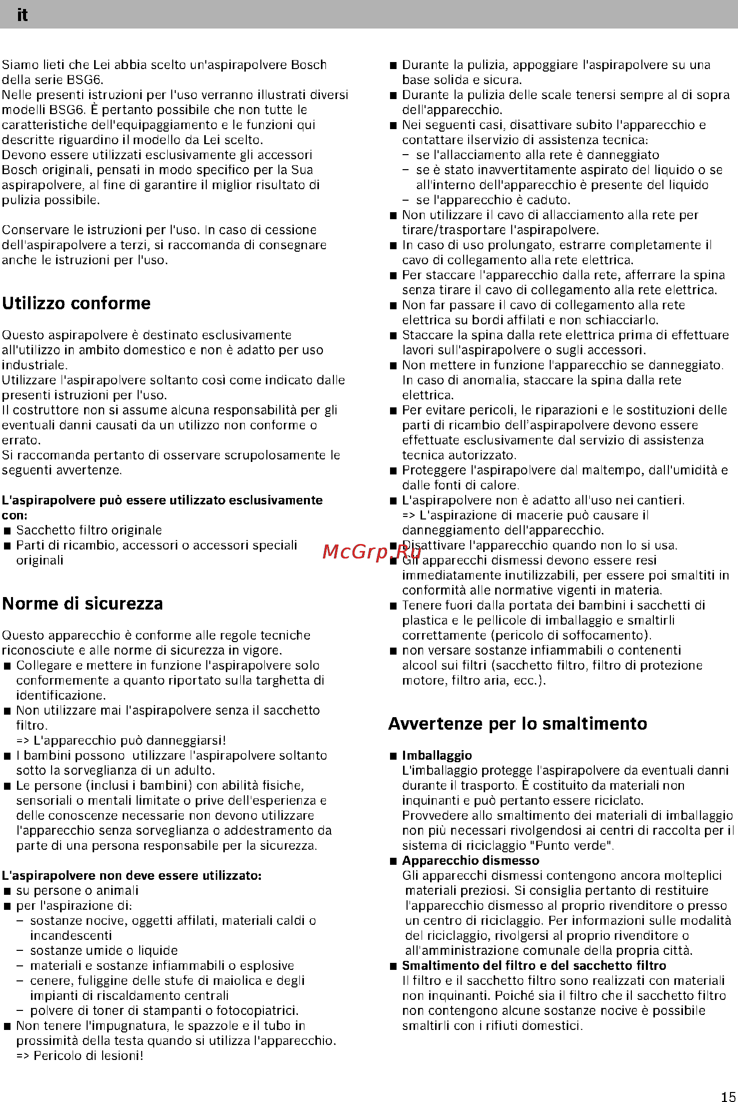 Bosch BSG61800 [20/101] Avvertenze per lo smaltimento