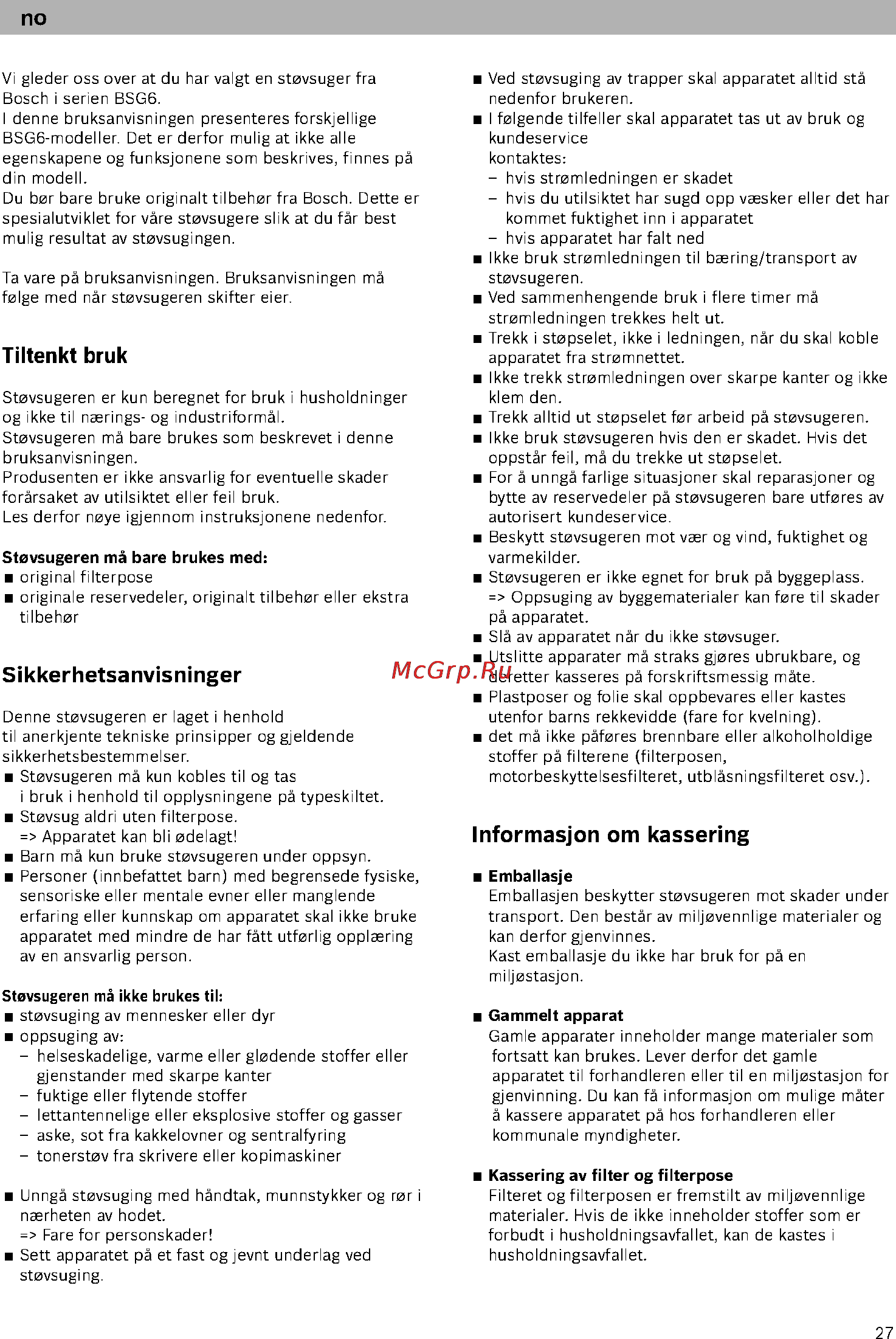 Bosch BSG61800 [32/101] Informasjon om kassering