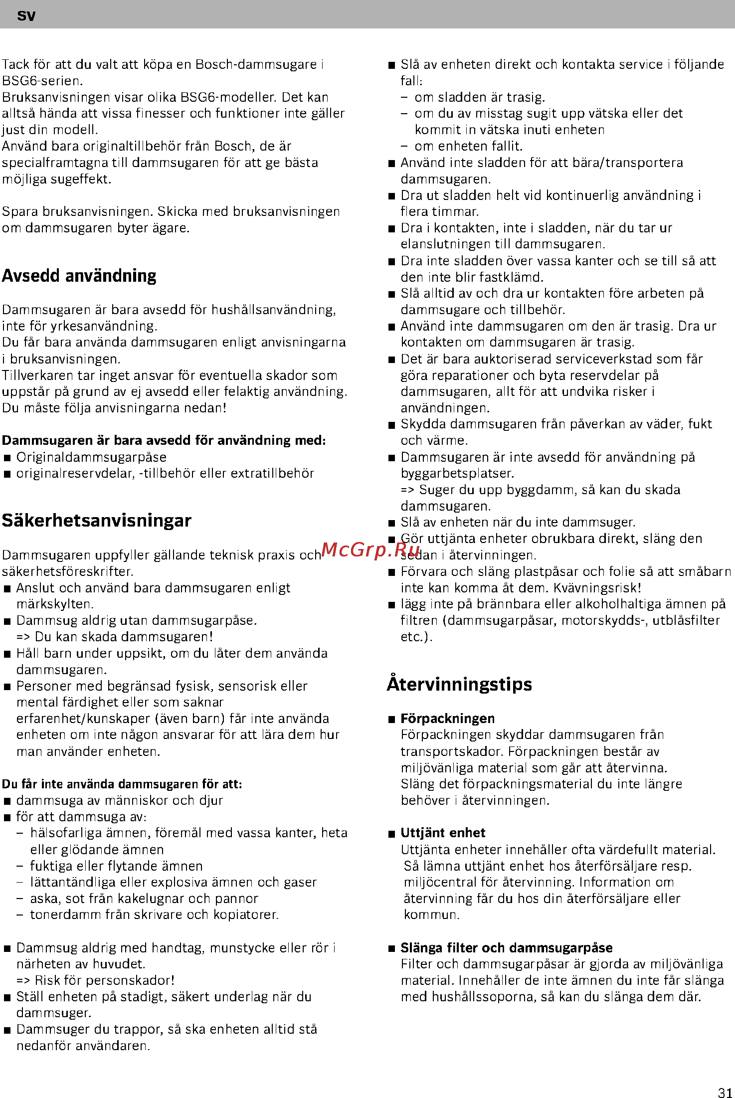 Bosch BSG61800 [36/101] Avsedd anvandning