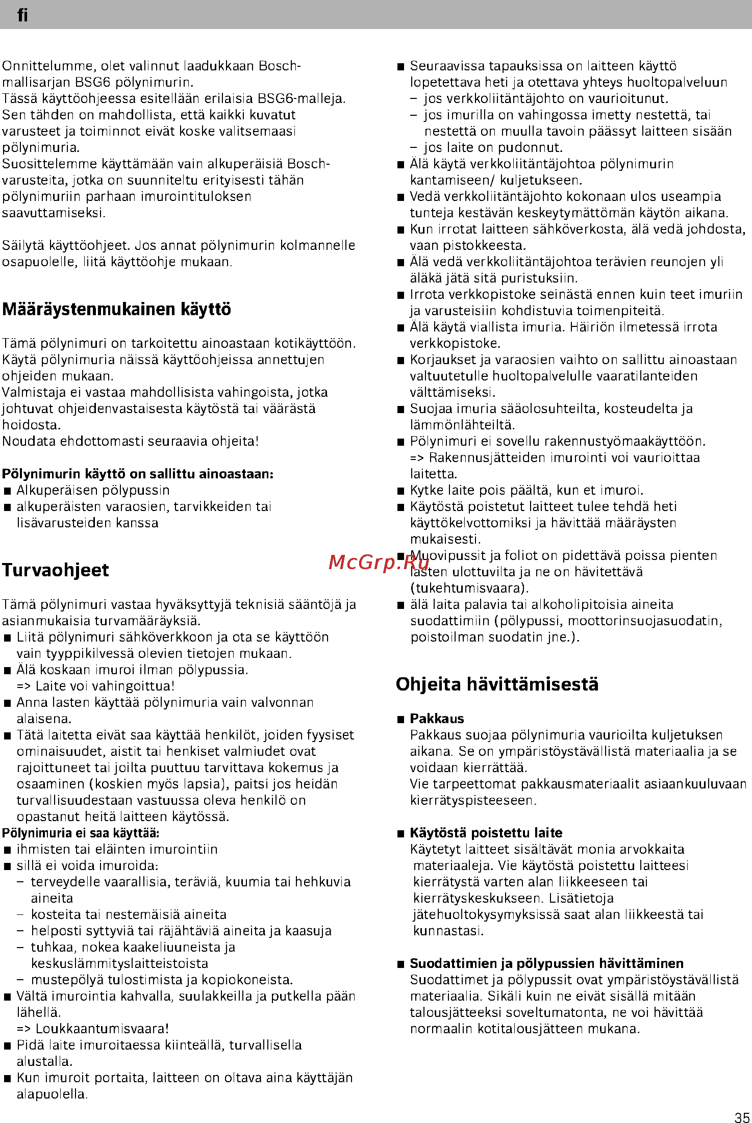 Bosch BSG61800 [40/101] Määräystenmukainen käyttö