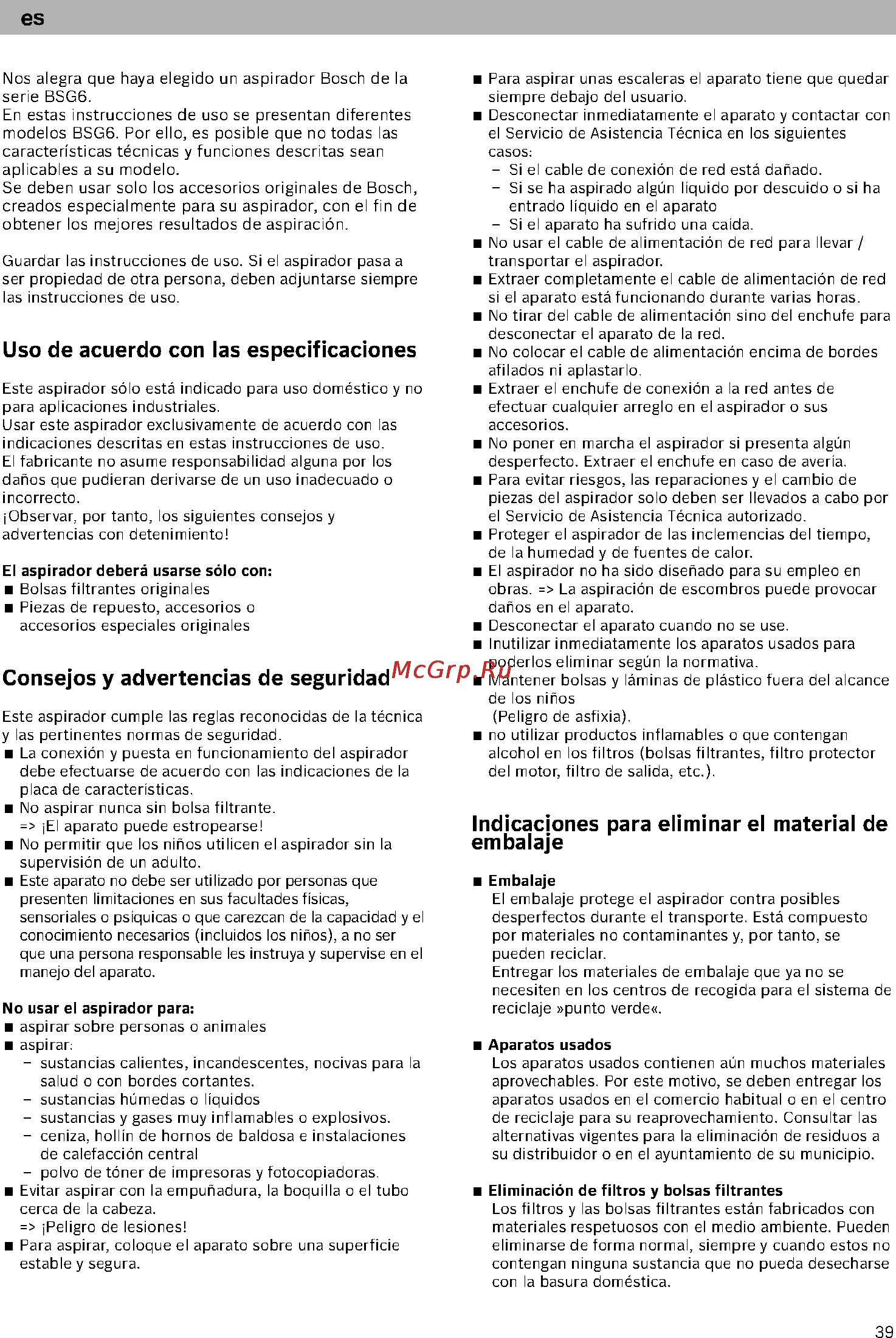 Bosch BSG61800 [44/101] Consejos y advertencias de seguridad