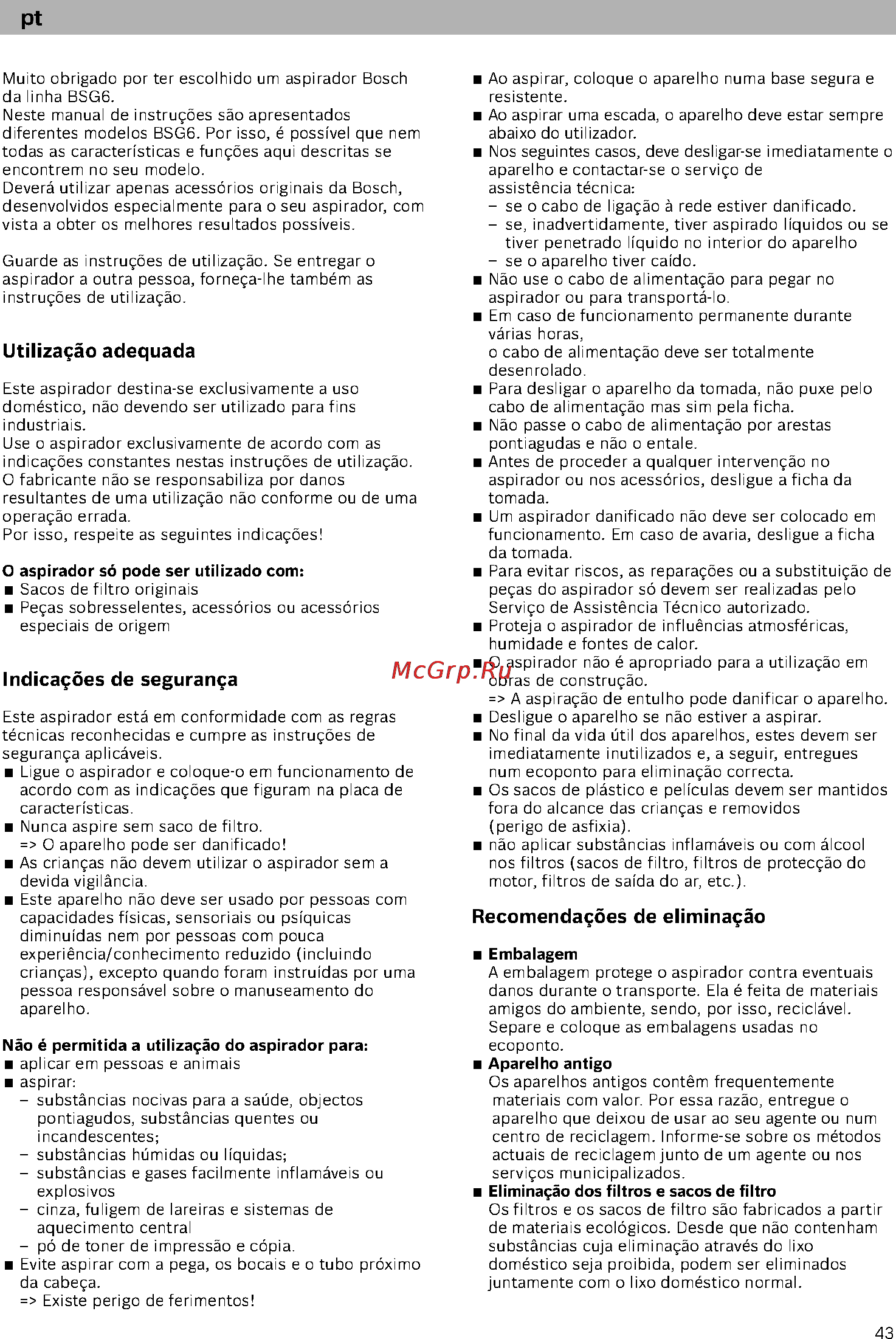 Bosch BSG61800 [48/101] Indicações de segurança