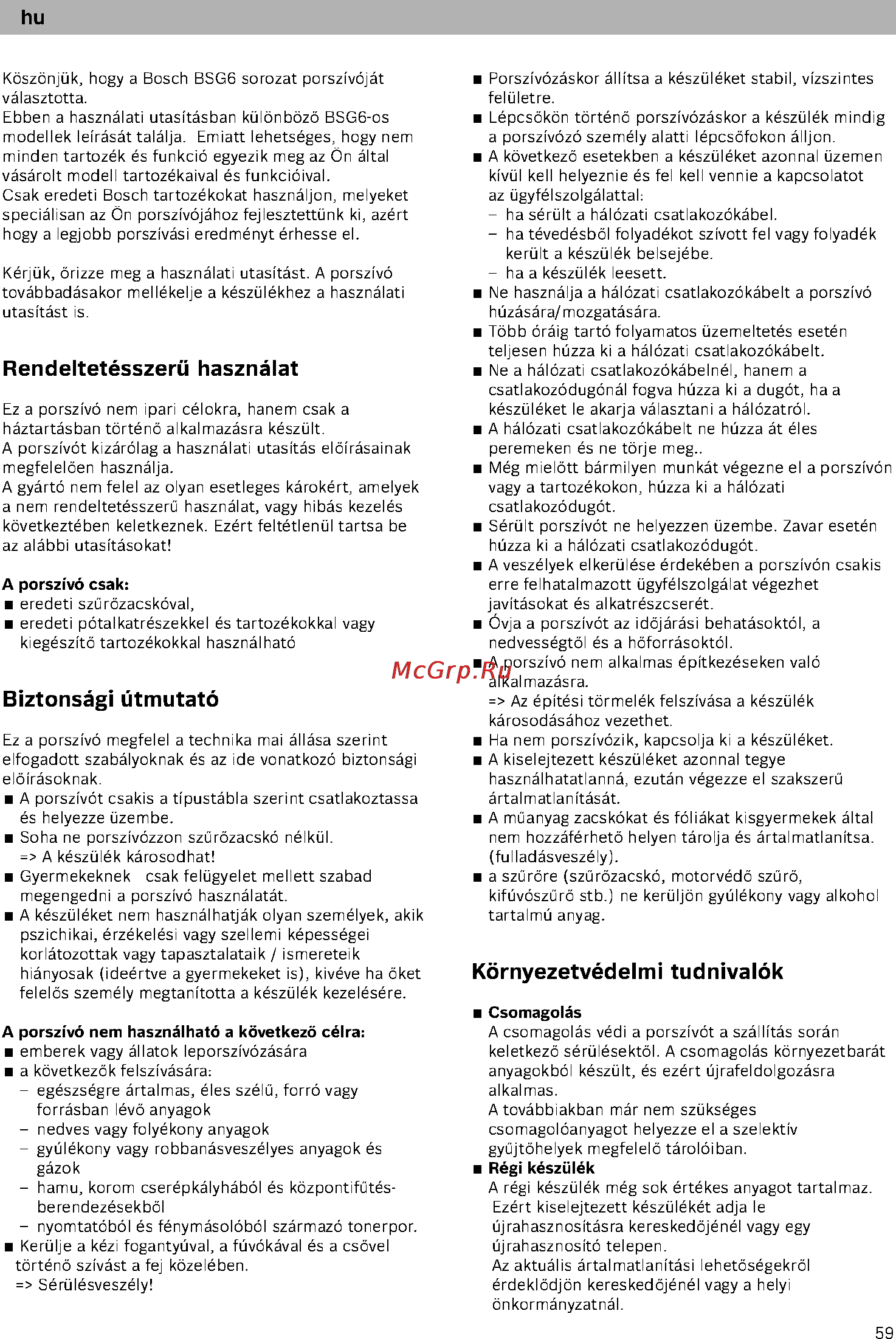 Bosch BSG61800 [64/101] Biztonsági útmutató