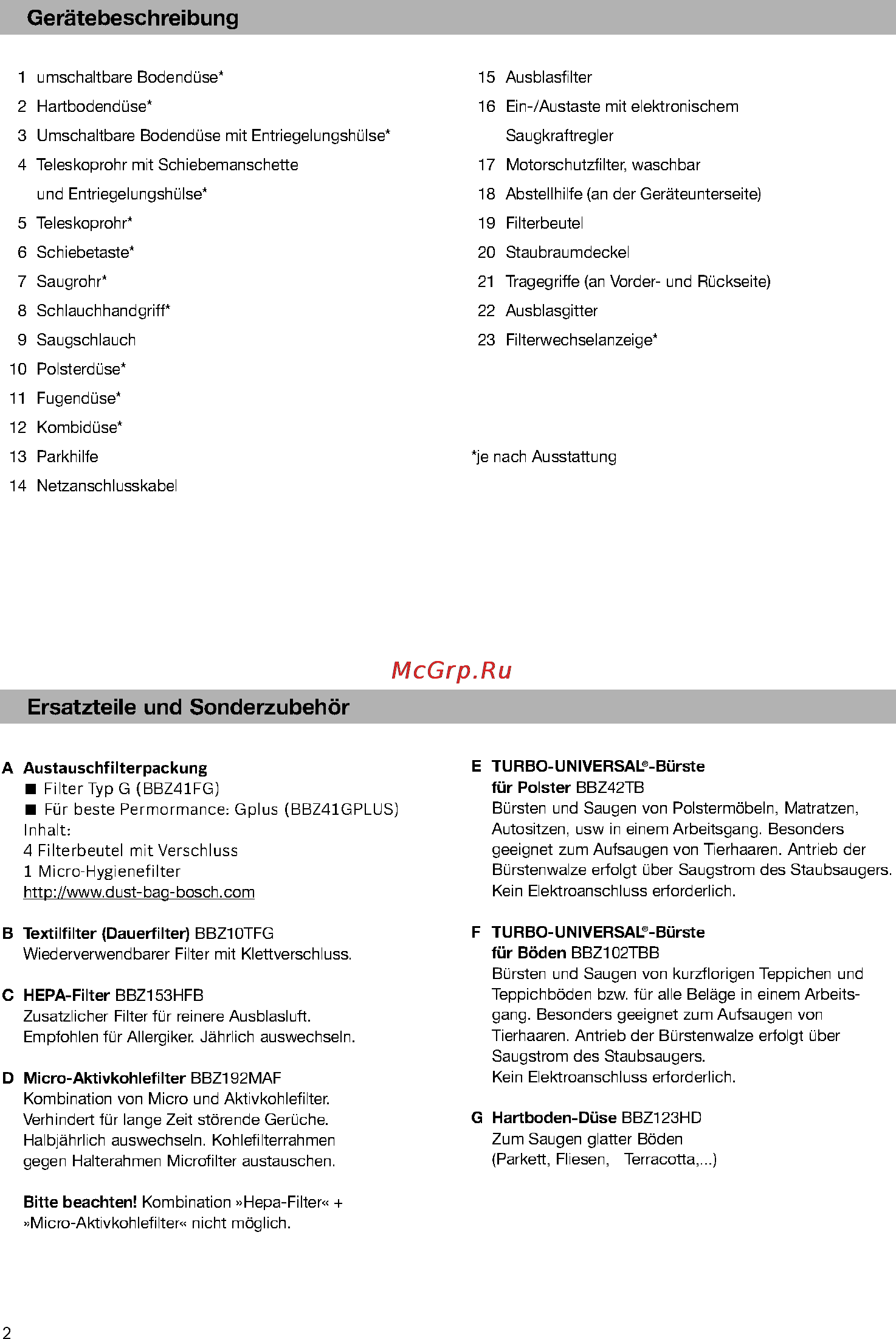 Bosch BSG61800 [7/101] Ersatzteile und sonderzubehör