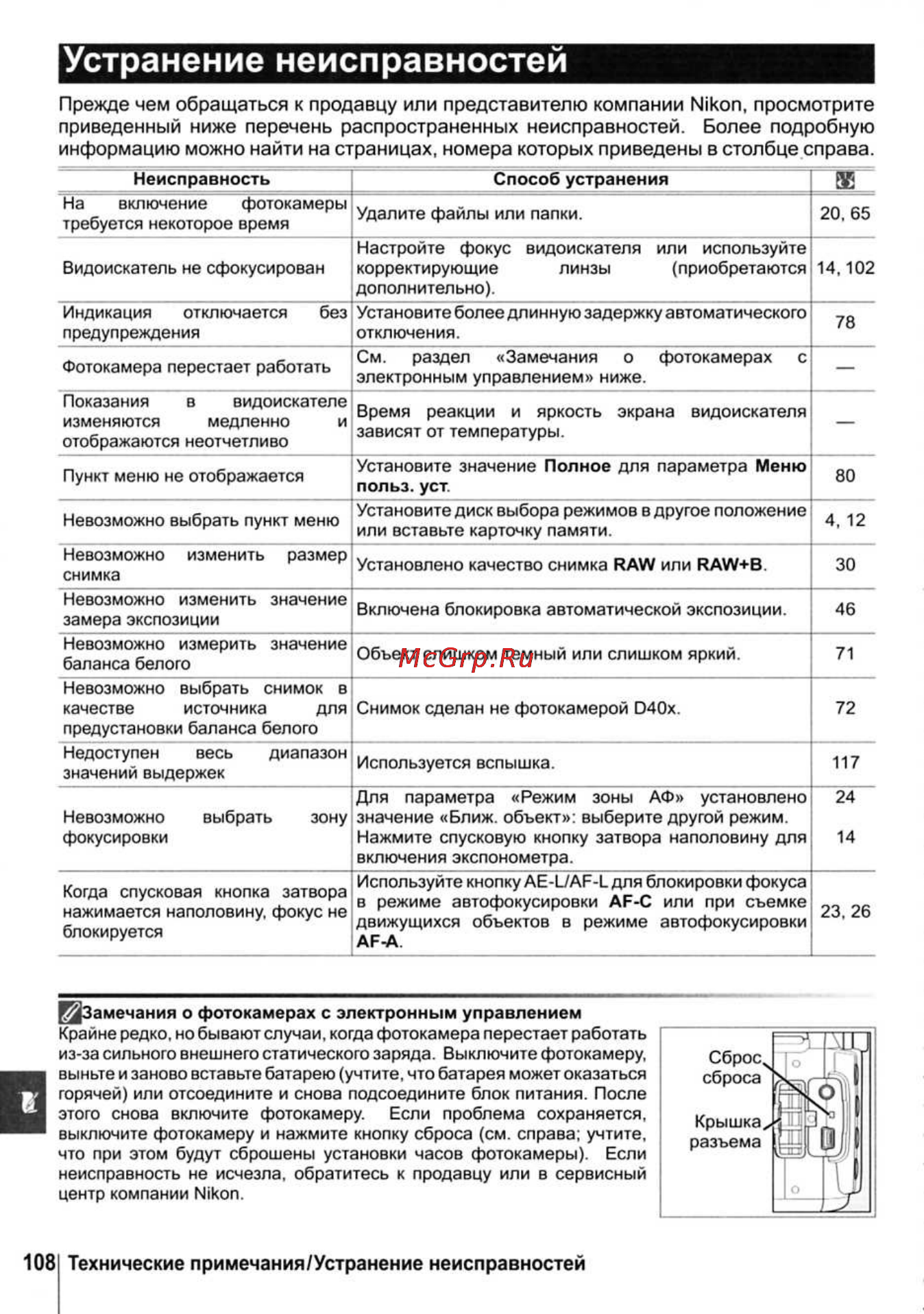 Nikon D40X [120/138] Устранение неисправностей