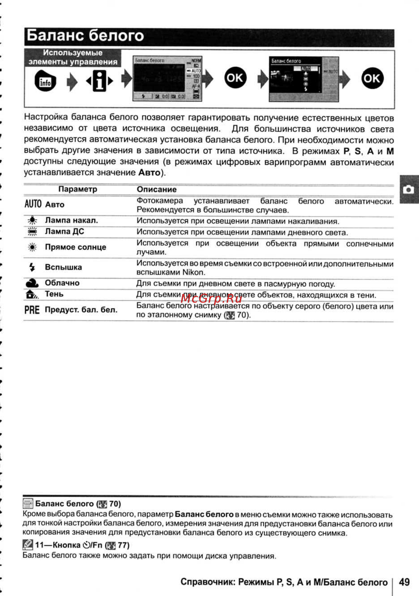 Nikon D40X [61/138] Настройка баланса белого позволяет гарантировать получение естественных цветов независимо от цвета источника освещения для большинства источников света рекомендуется автоматическая установка баланса белого при необходимости можно выбрать другие значения в зависимости от типа источника в режимах р 5 а и м доступны следующие значения в режимах цифровых варипрограмм автоматически устанавливается значение авто