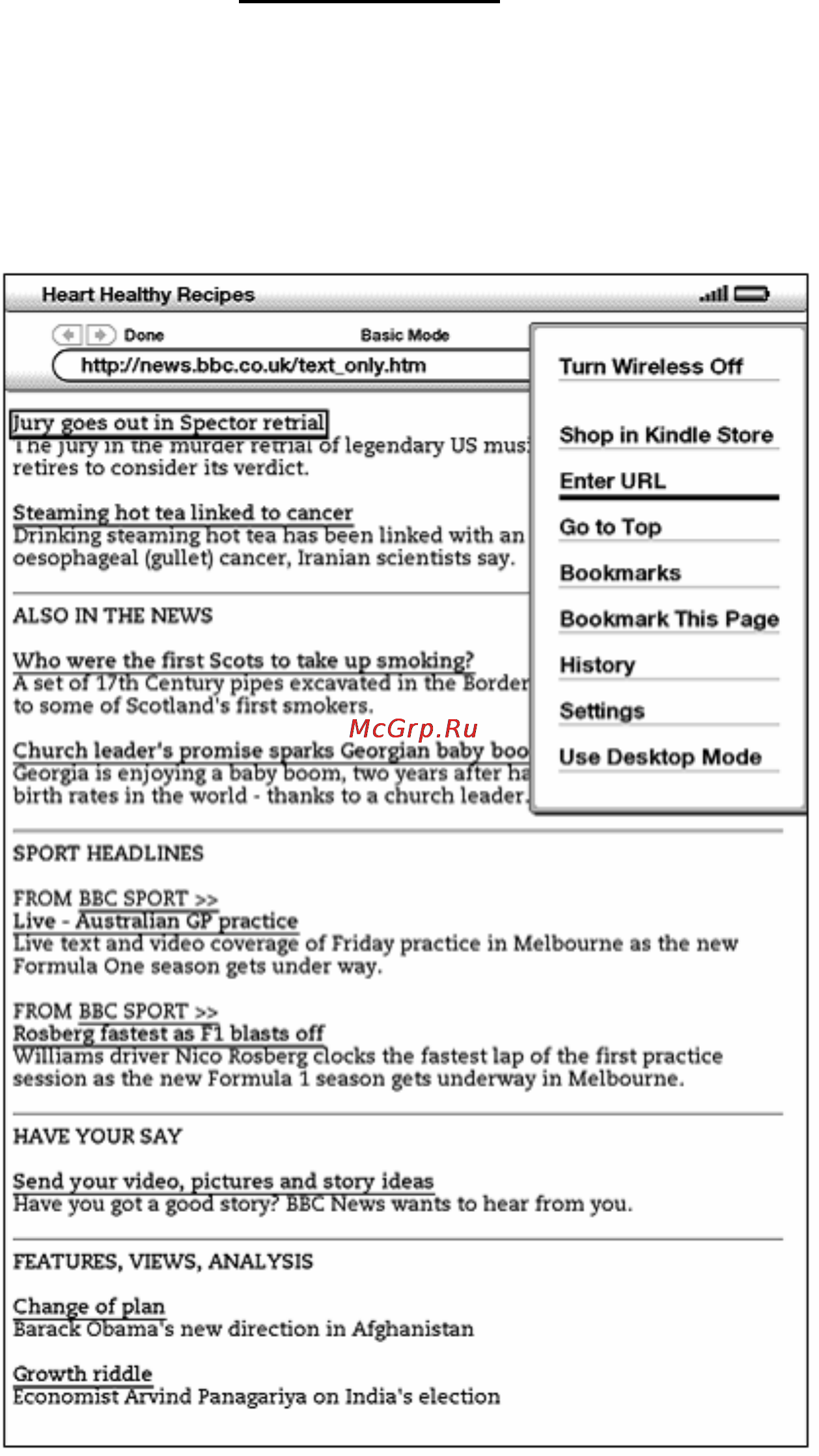 Amazon Kindle DX [100/136] Меню веб сайтов