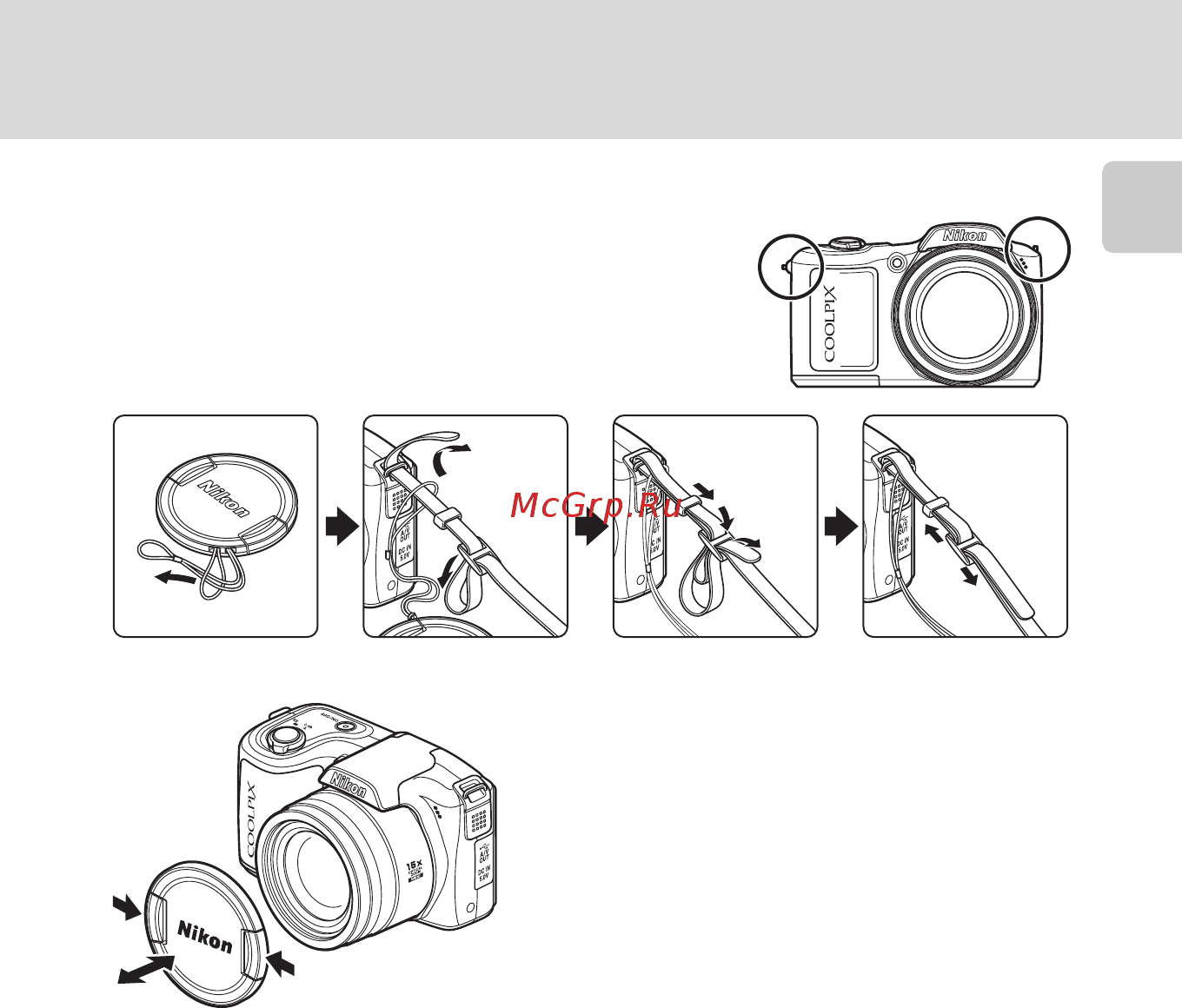 Nikon Coolpix L100 [19/148] Прикрепление ремня фотокамеры и крышки объектива
