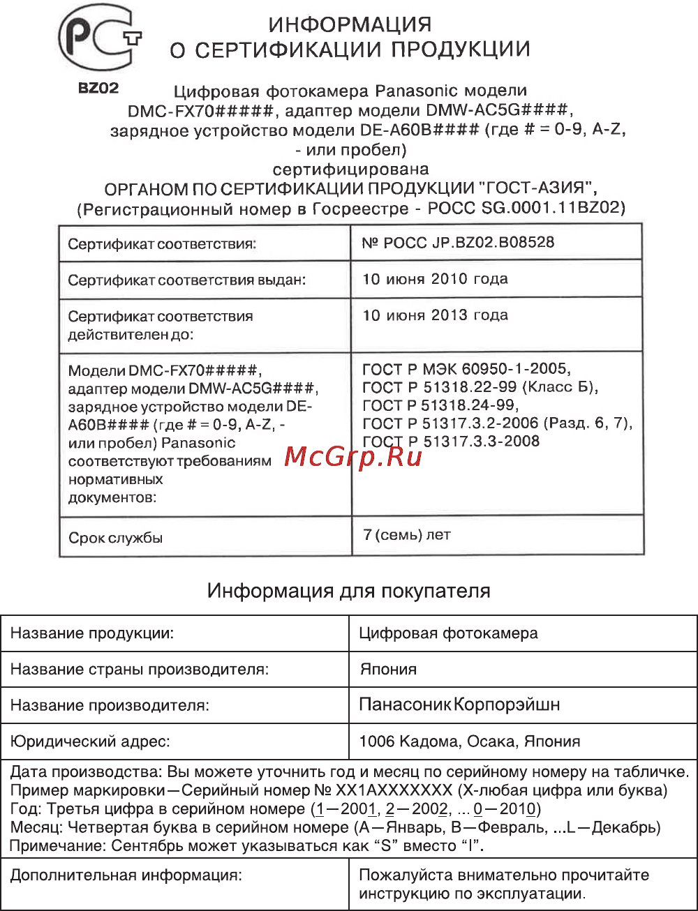 Panasonic DMC-FX70EE-K Black Инструкция по эксплуатации онлайн [27/28] 29968