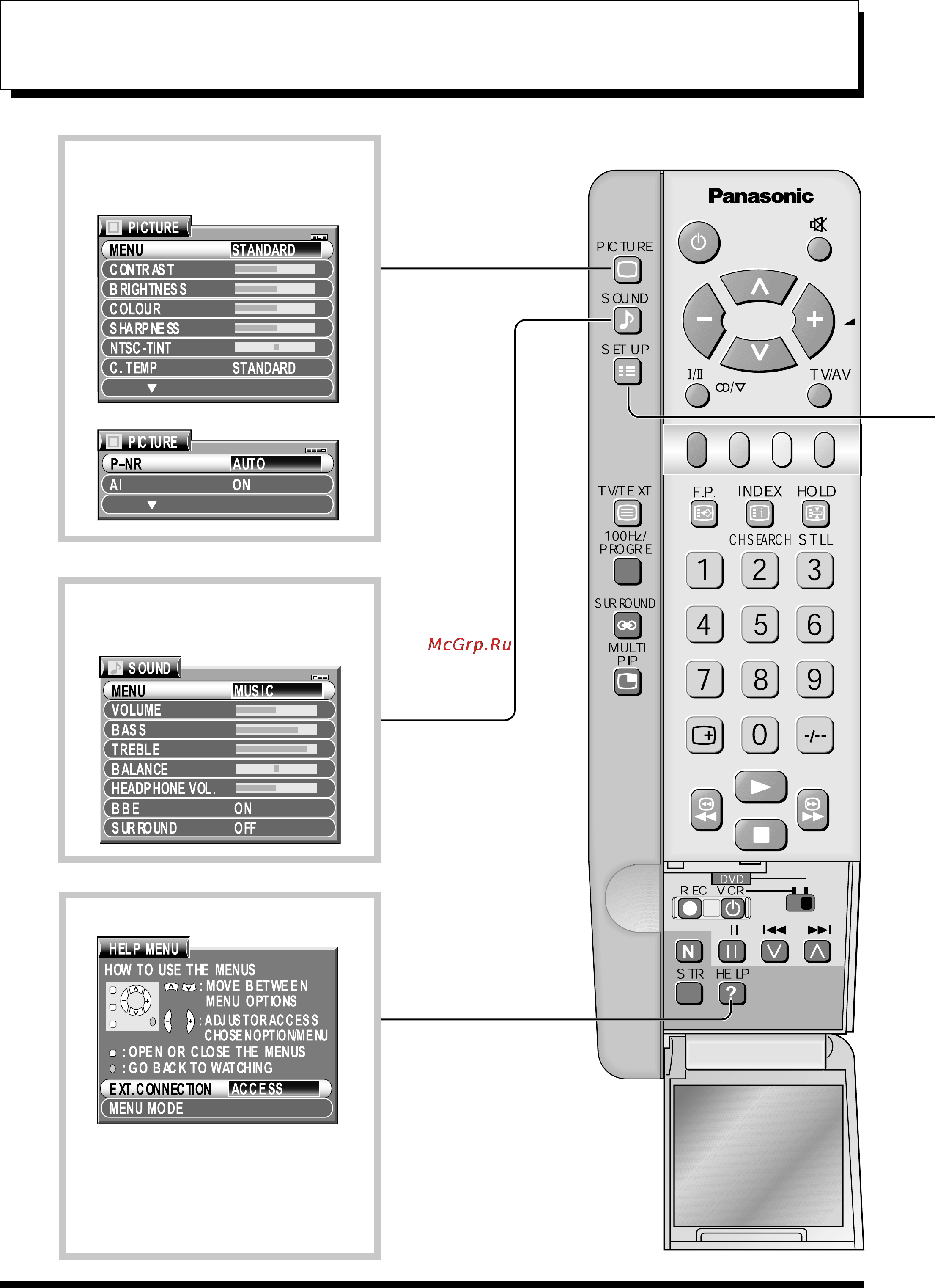 Panasonic TX-43P800H [12/36] Отображение экранного меню при помощи пульта дистанционного управления