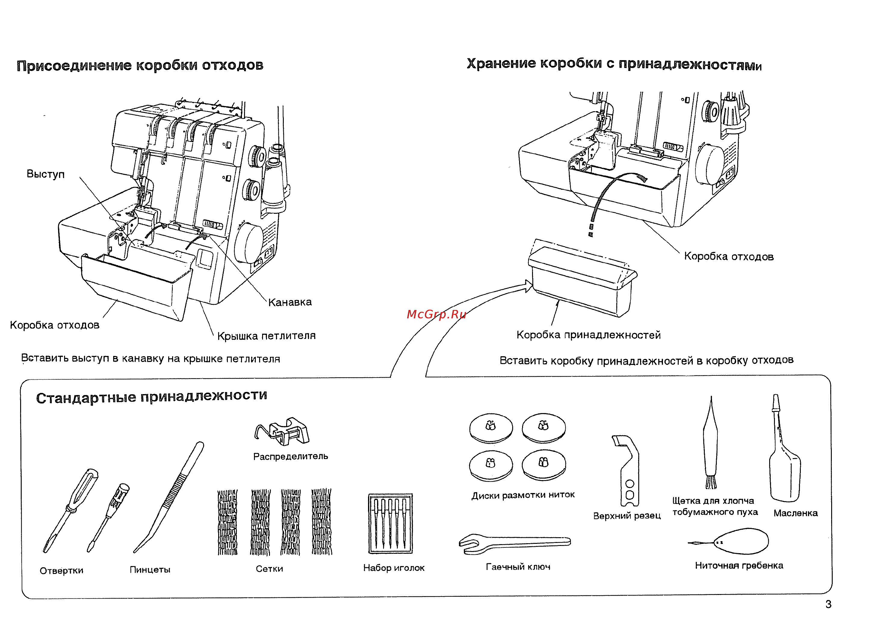 Janome MyLock 835D [5/41] Присоединение коробки отходов хранение коробки с принадлежностями