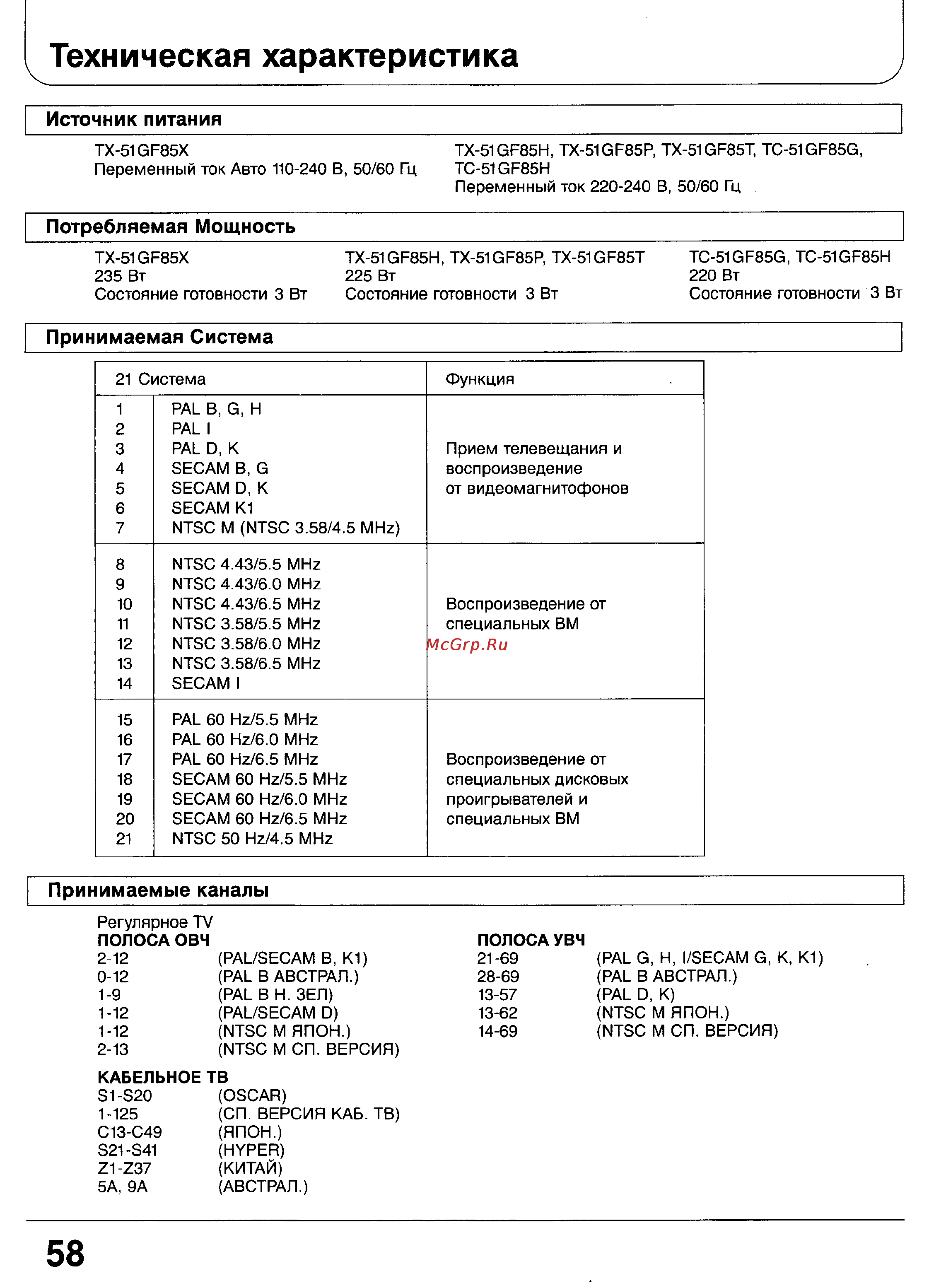 Panasonic TC-51GF85 [56/57] Техническая характеристика