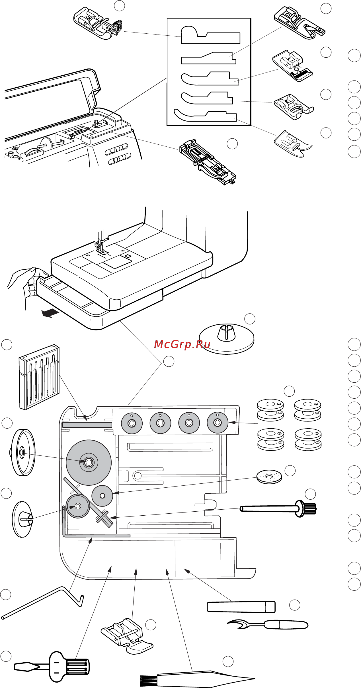 Janome 6125 QC [3/43] Стандартные аксессуары и их размещение
