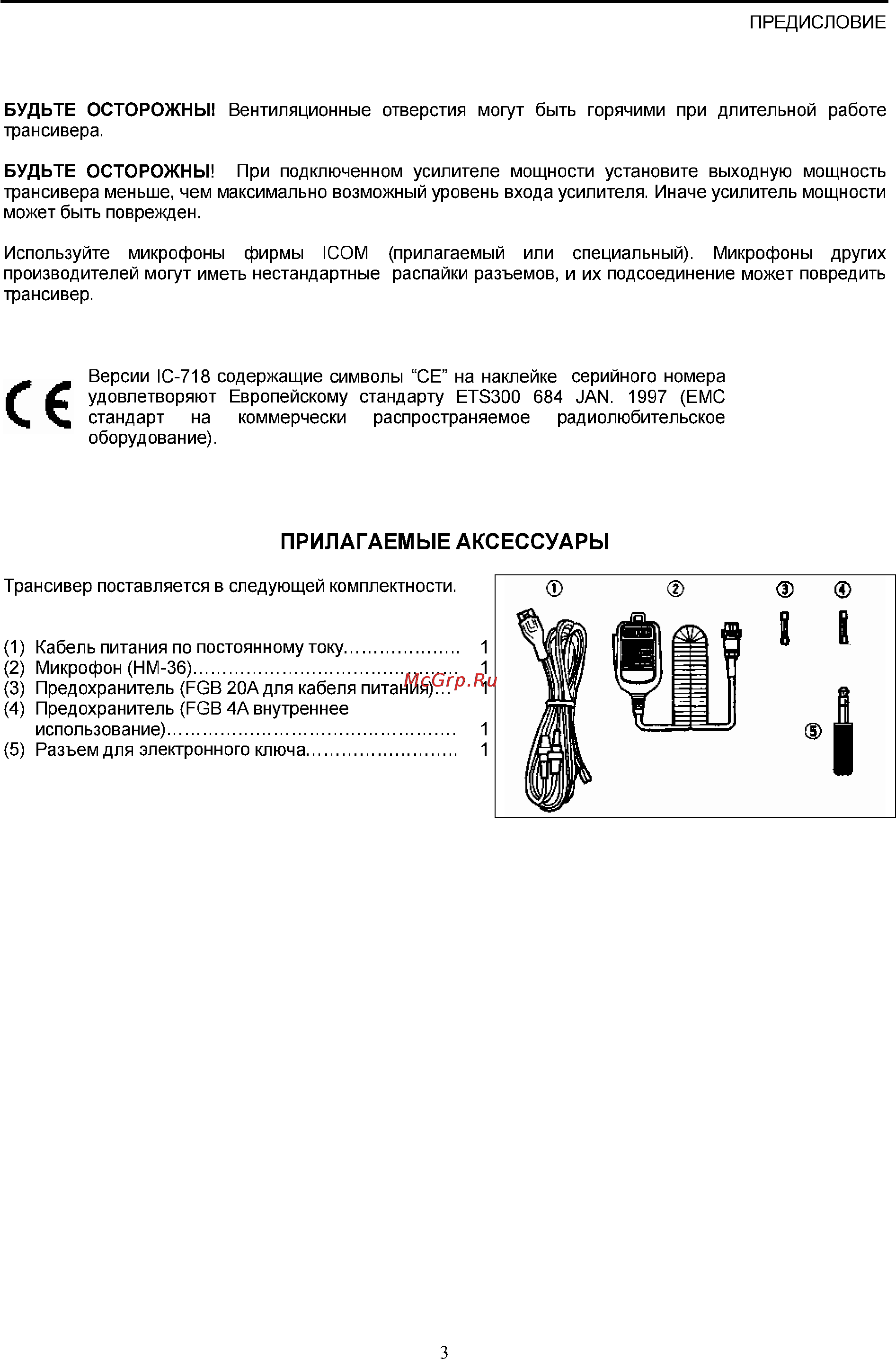 Icom IC-718 [3/65] Прилагаемые аксессуары