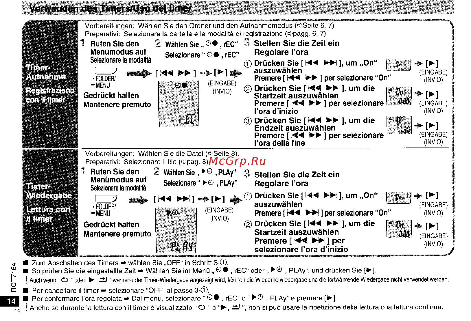 Panasonic RR-QR160 [14/22] Verwenden des timers uso del timer