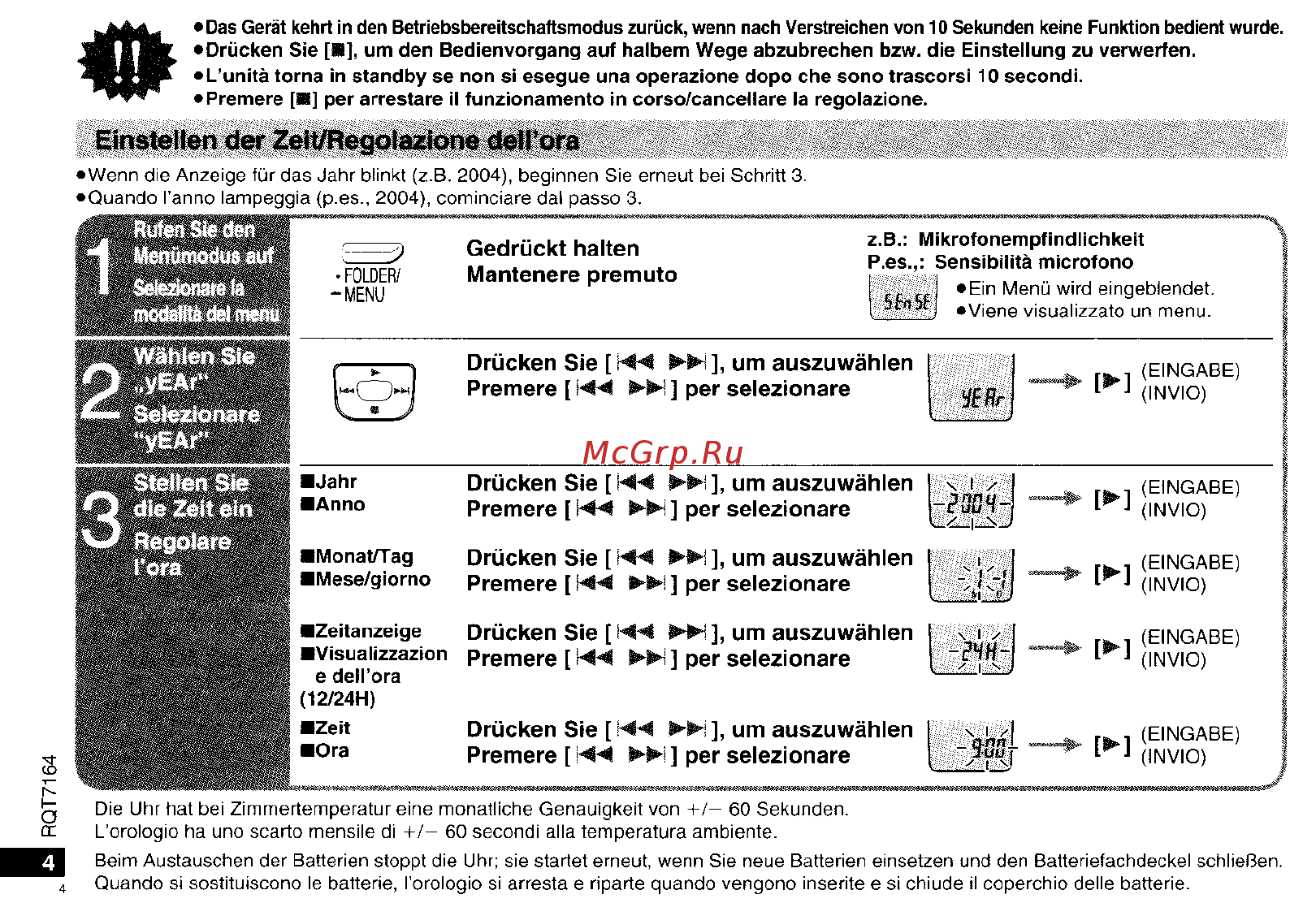Panasonic RR-QR160 [4/22] Einstellen der zeit regolazione dell ora