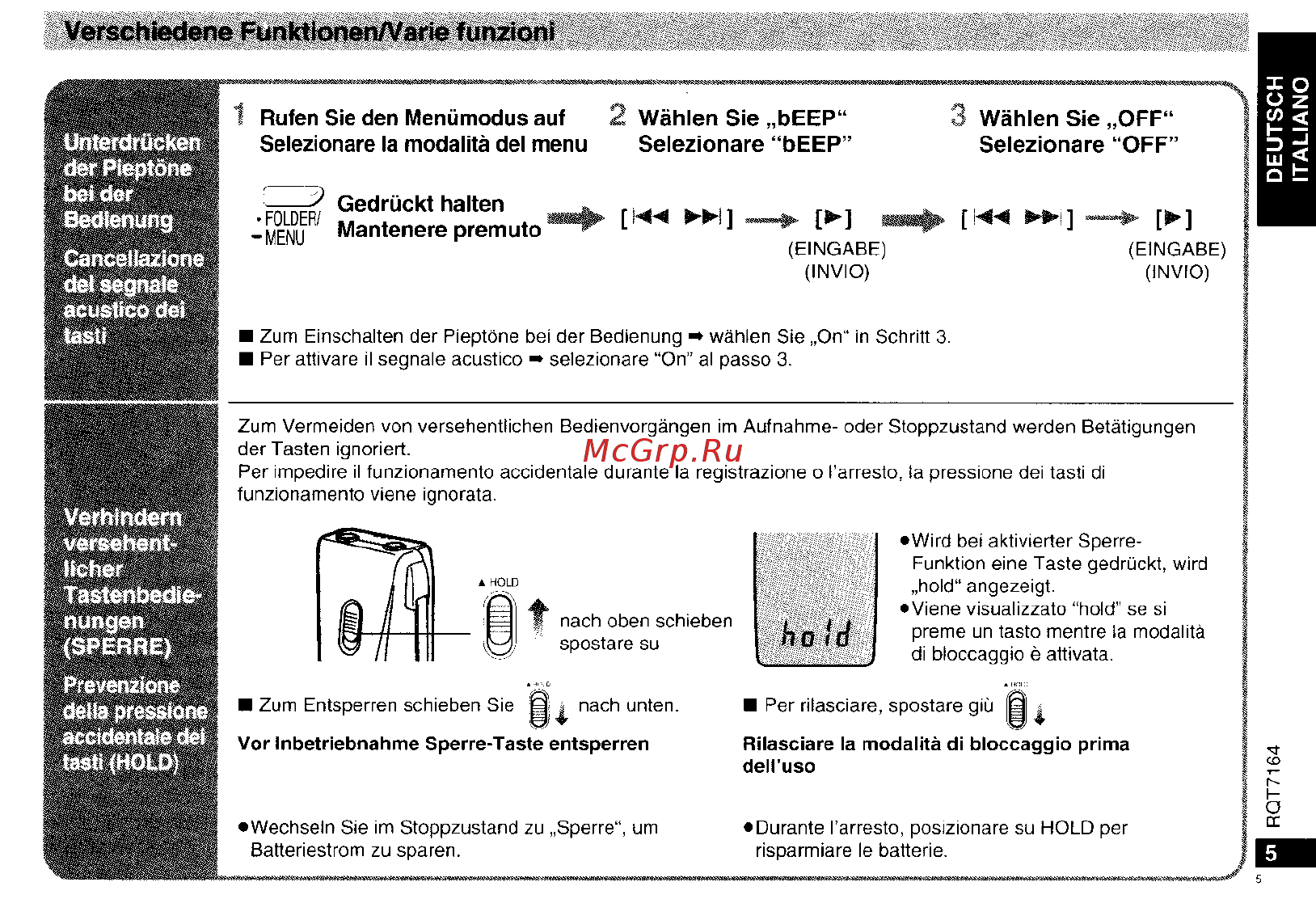 Panasonic RR-QR160 [5/22] Verschiedene funktionen varie funzioni