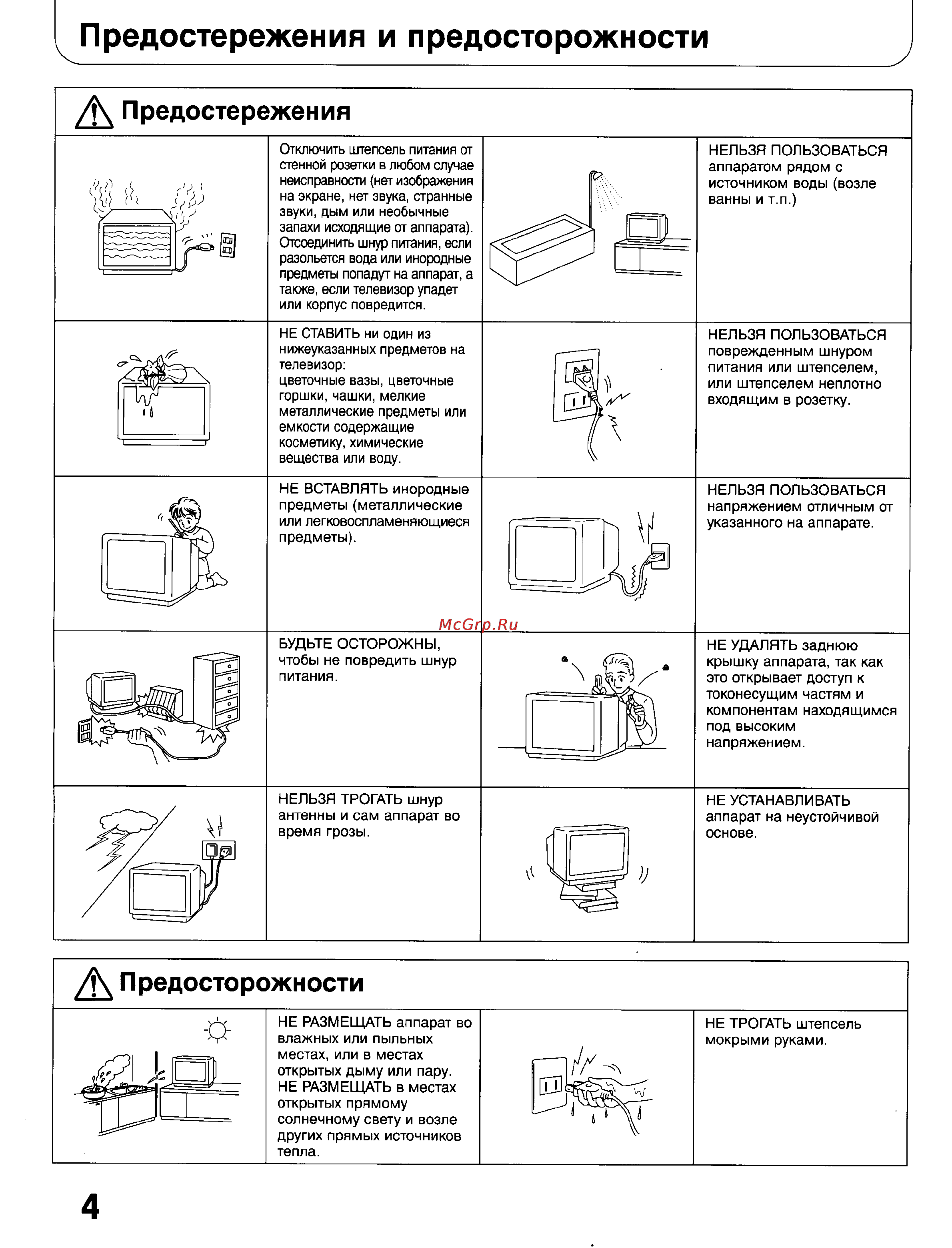 Panasonic TC-28W100 [4/68] Предостережения и предосторожности