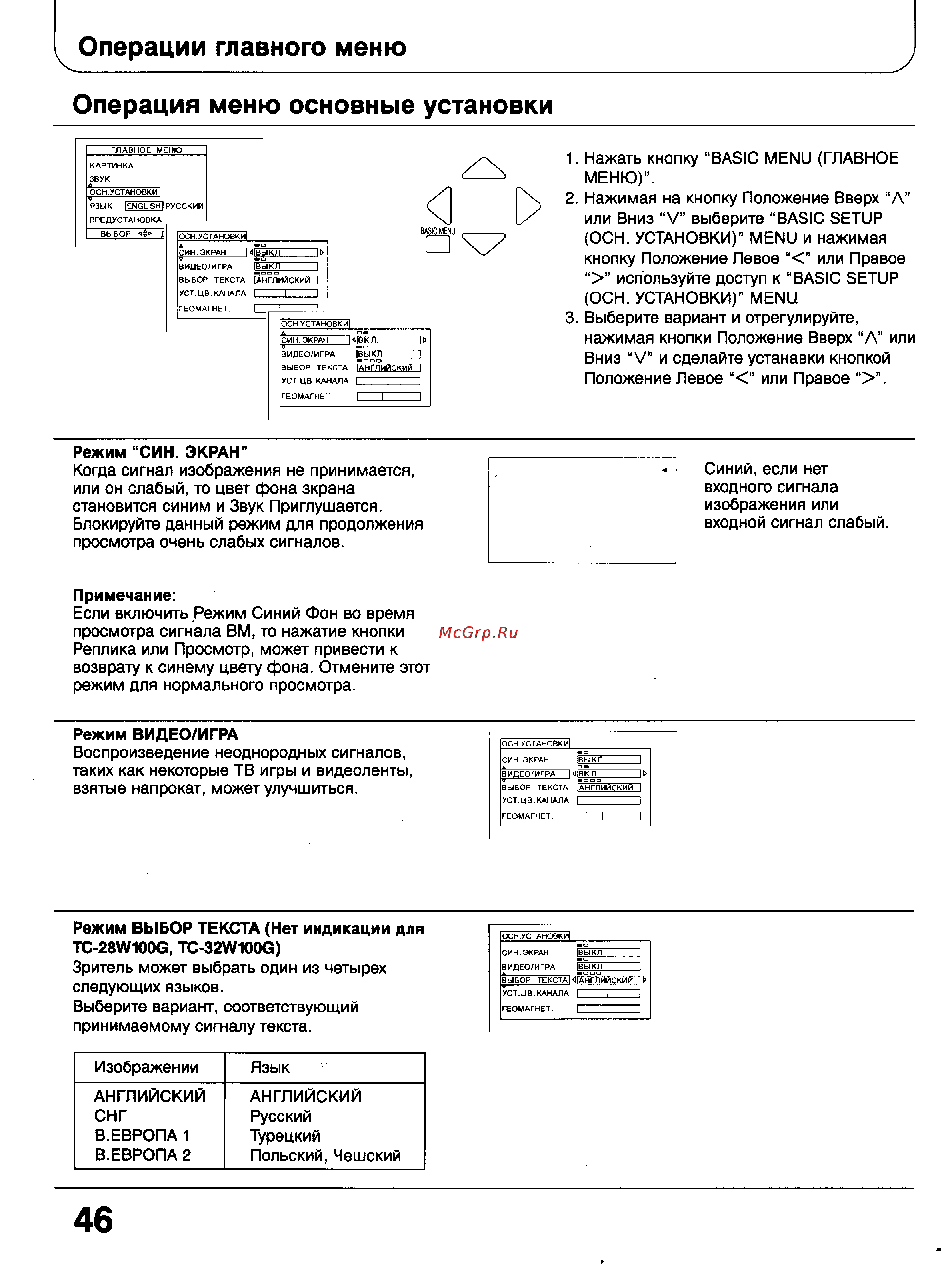 Panasonic TX-28W100 [46/68] Операции главного меню