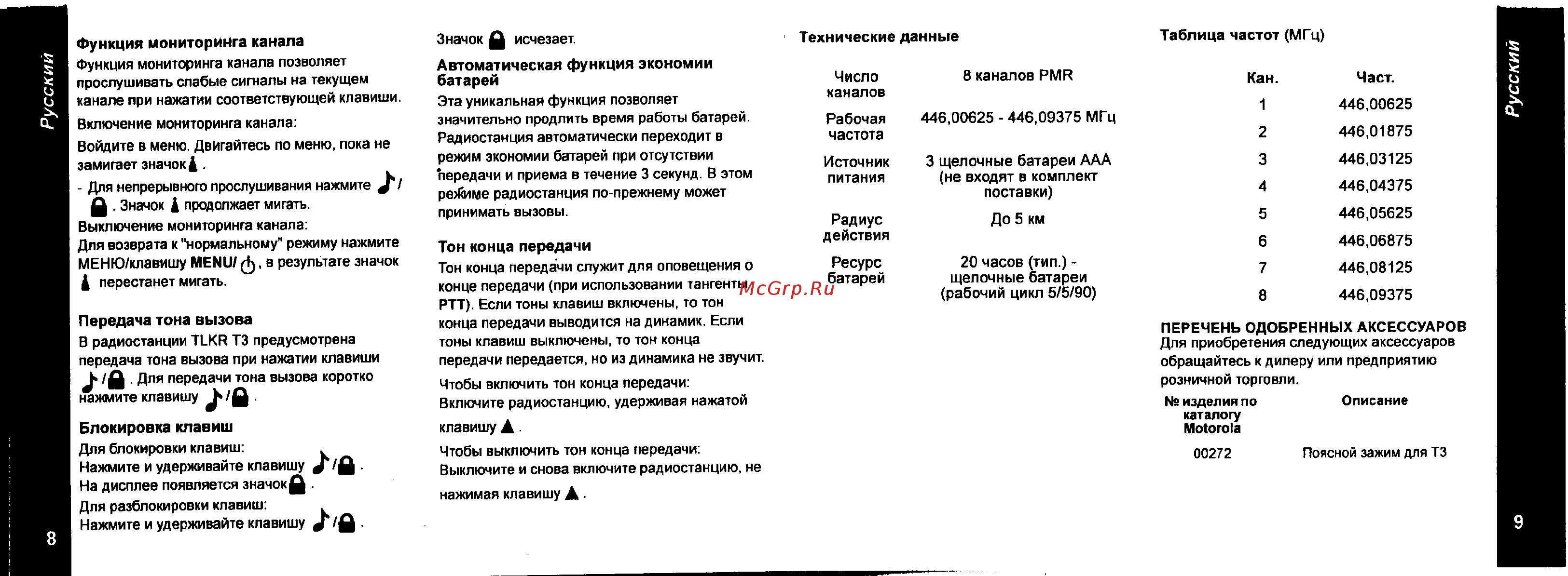 Motorola TLKR-T3 Orange [5/6] Технические данные таблица частот