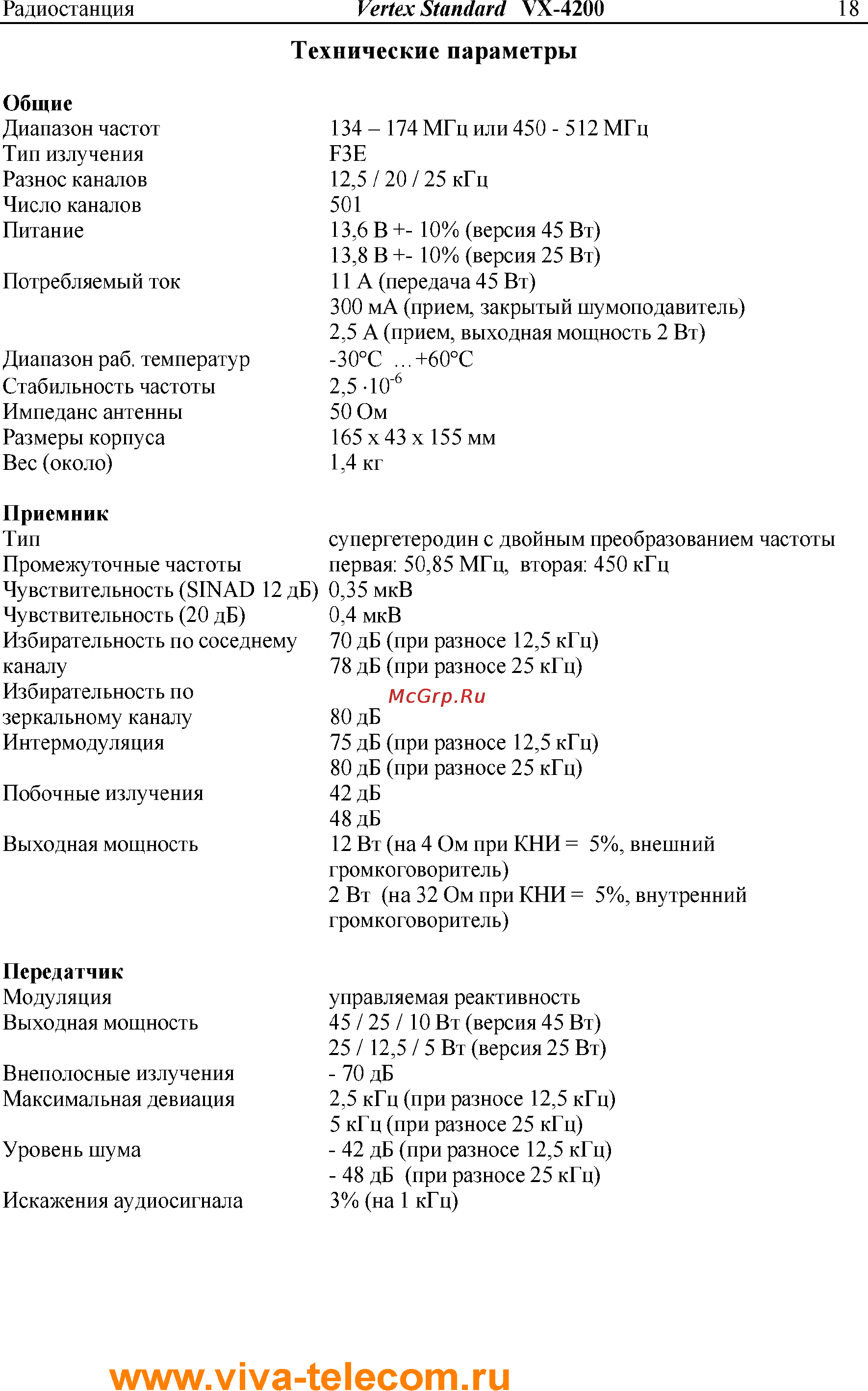 Vertex Standart VX-4207 [18/18] Технические параметры