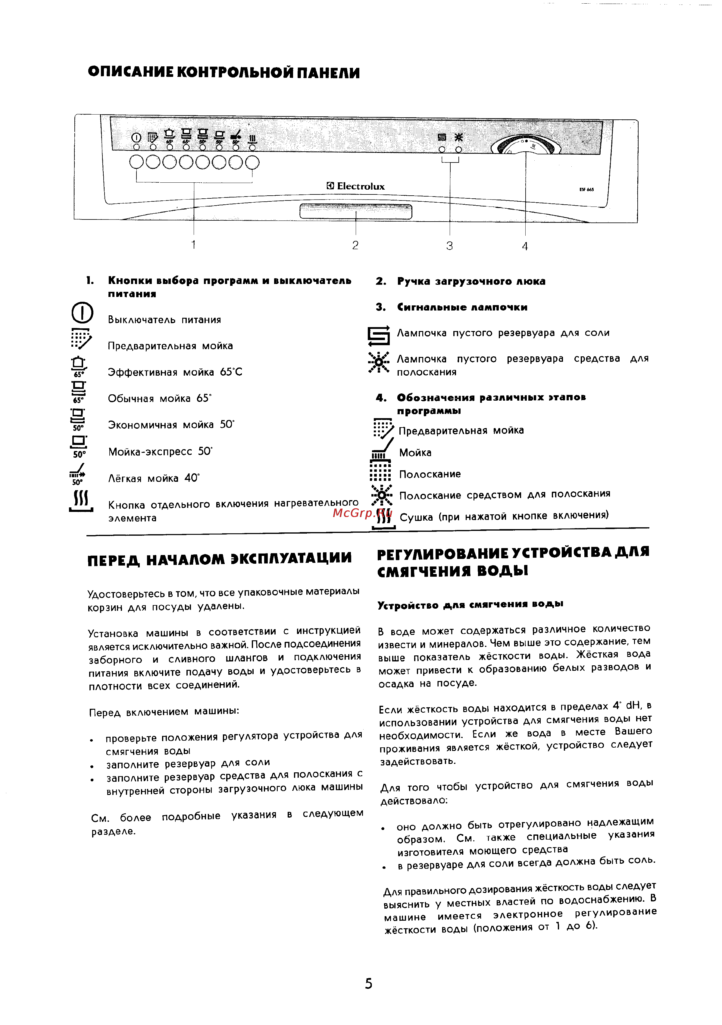 Electrolux ESF 665 [5/19] Описание контрольной панели