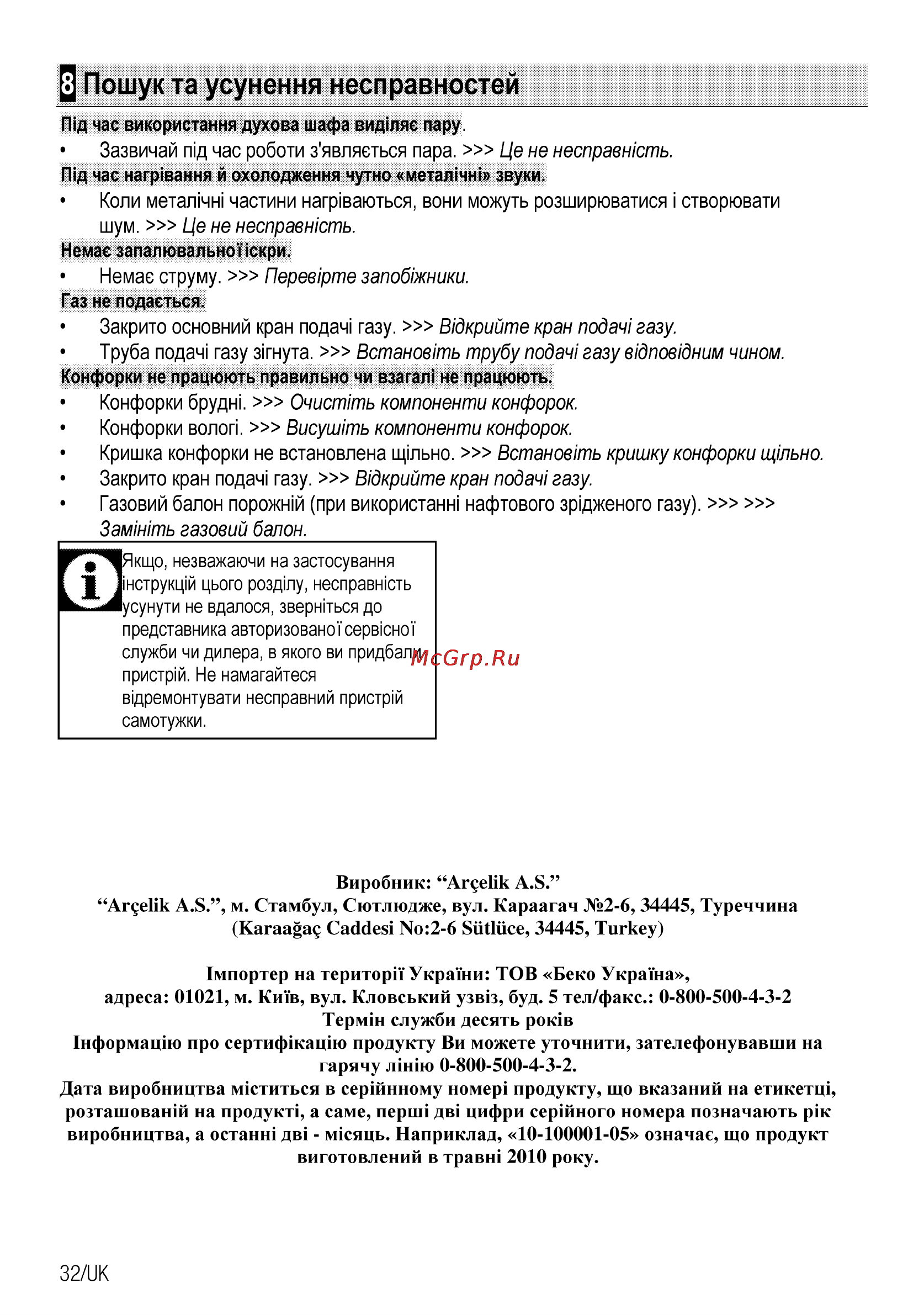 Beko CSG 52120 GX [92/96] Ц пошук та усунення несправностей