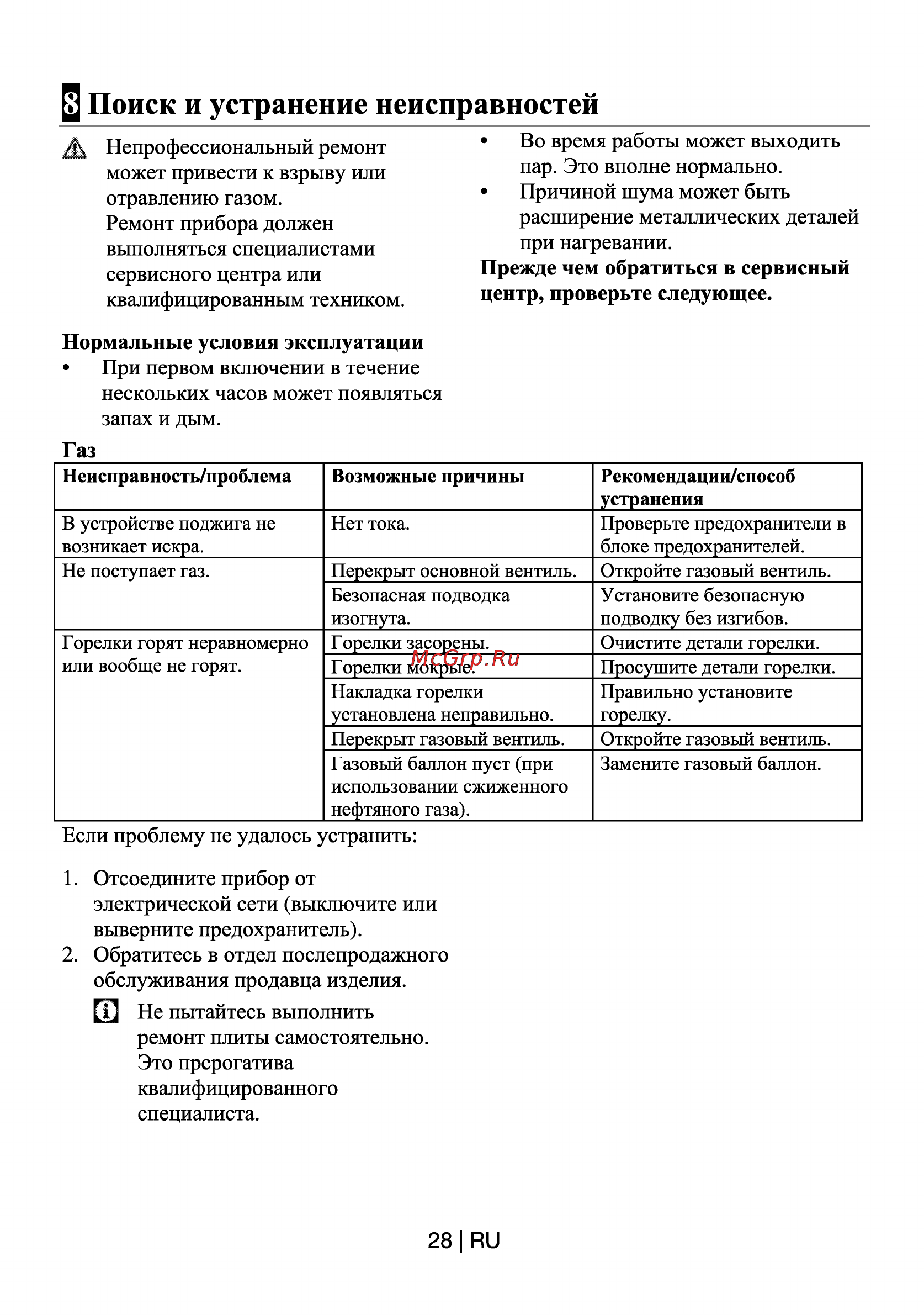 Beko CSG 62121 GW [28/29] Поиск и устранение неисправностей