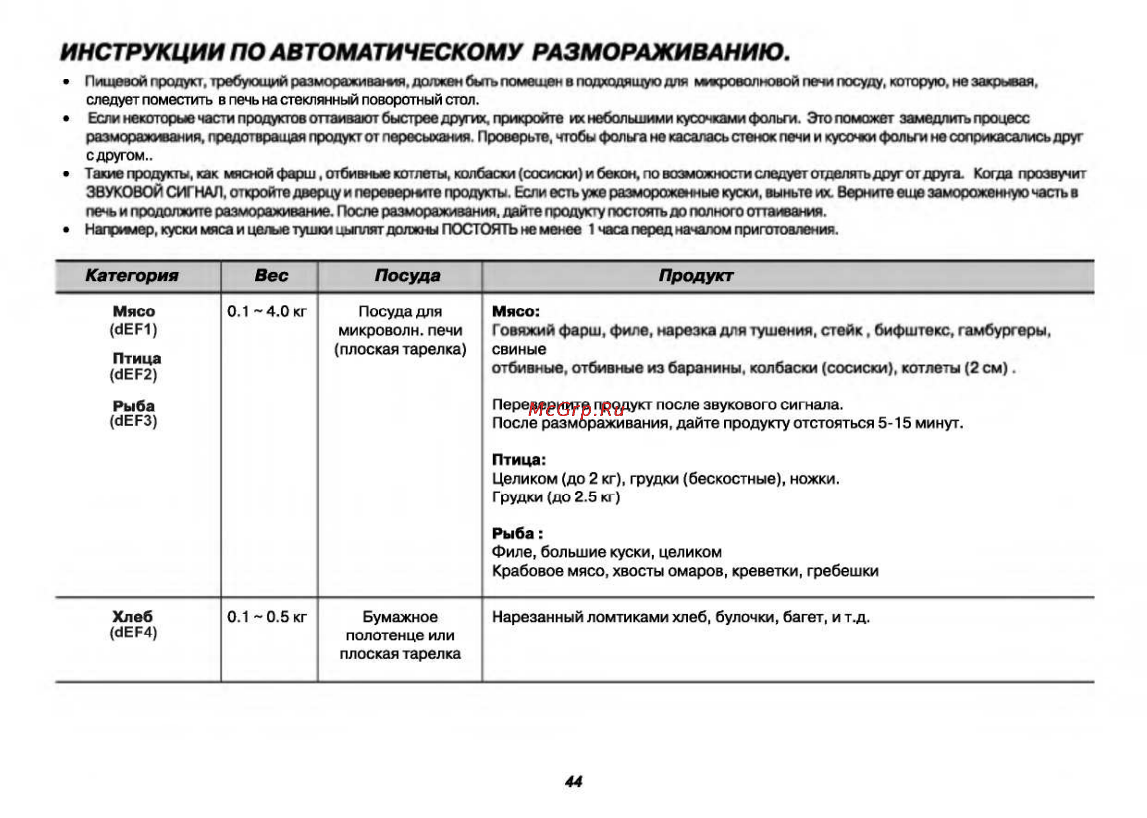 LG MB-4042DS [44/53] Инструкции по автоматическому размораживанию