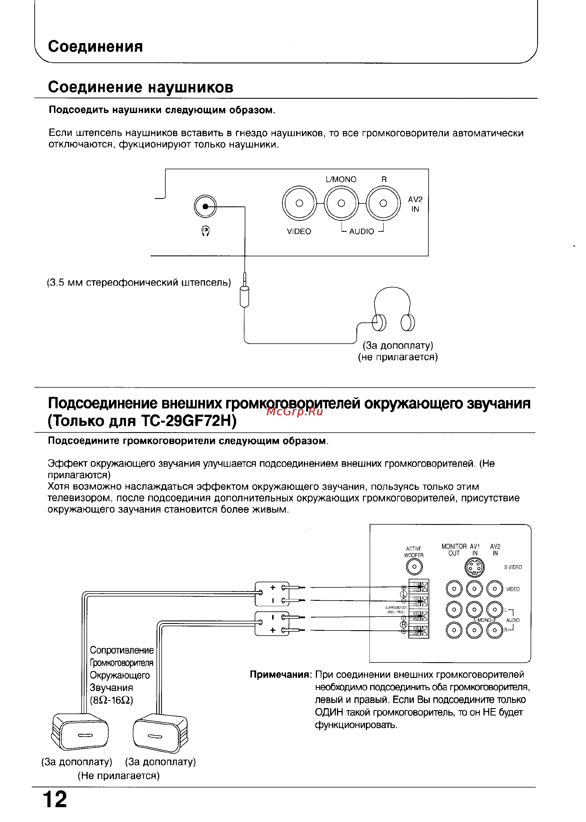 Panasonic TX-29V70T [12/40] Подсоединение внешних громкоговорителей окружающего звучания только для тс 29сг72н _________________________________________
