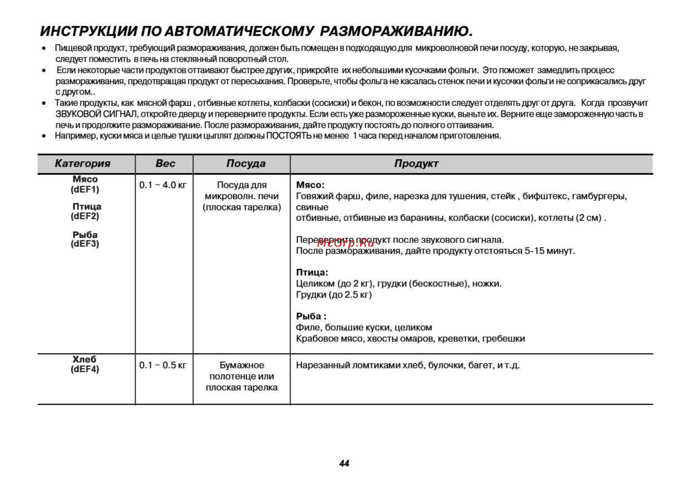 LG MH6342BS [44/54] Инструкции по автоматическому размораживанию