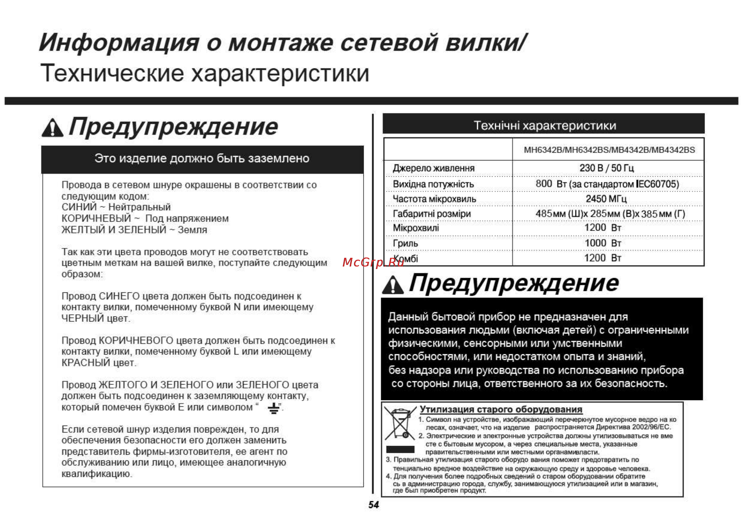 LG MH6342BS [54/54] Технические характеристики