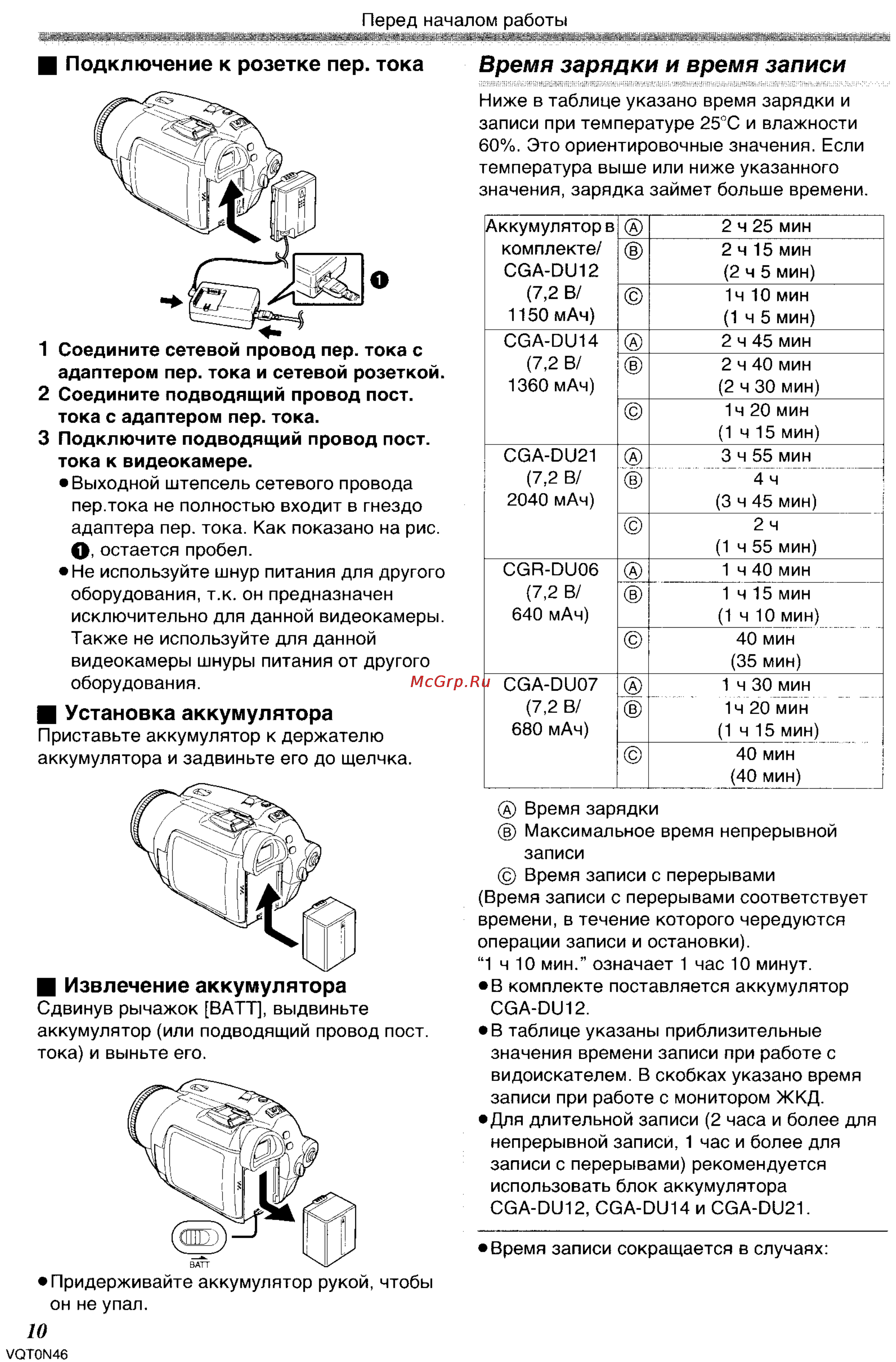 Panasonic NV-GS150GC [10/92] Время зарядки и время записи