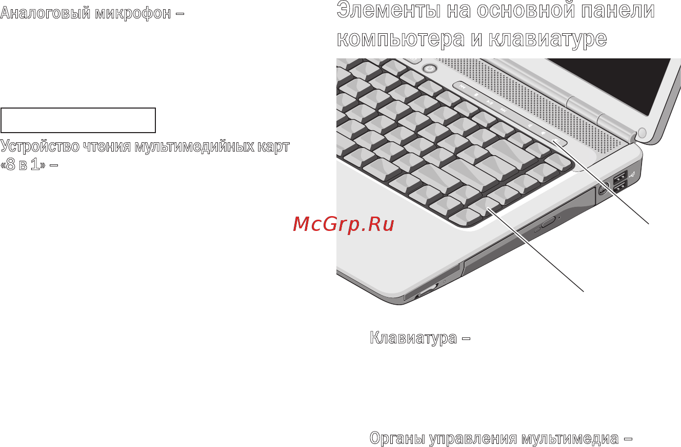 Dell Inspiron PP29L [21/78] Элементы на основной панели компьютера и клавиатуре