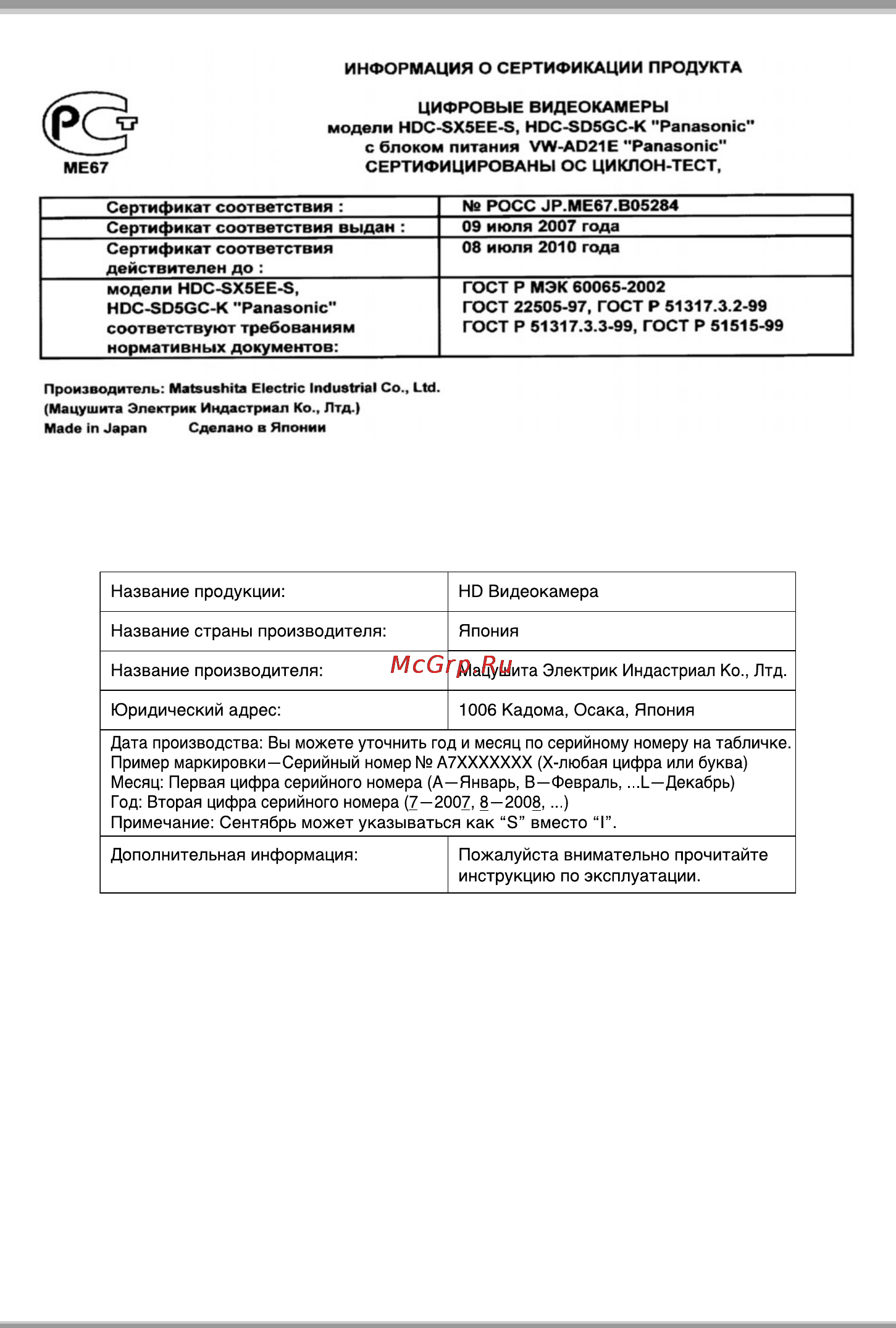Panasonic HDC-SD5 [143/144] Информация для покупателя