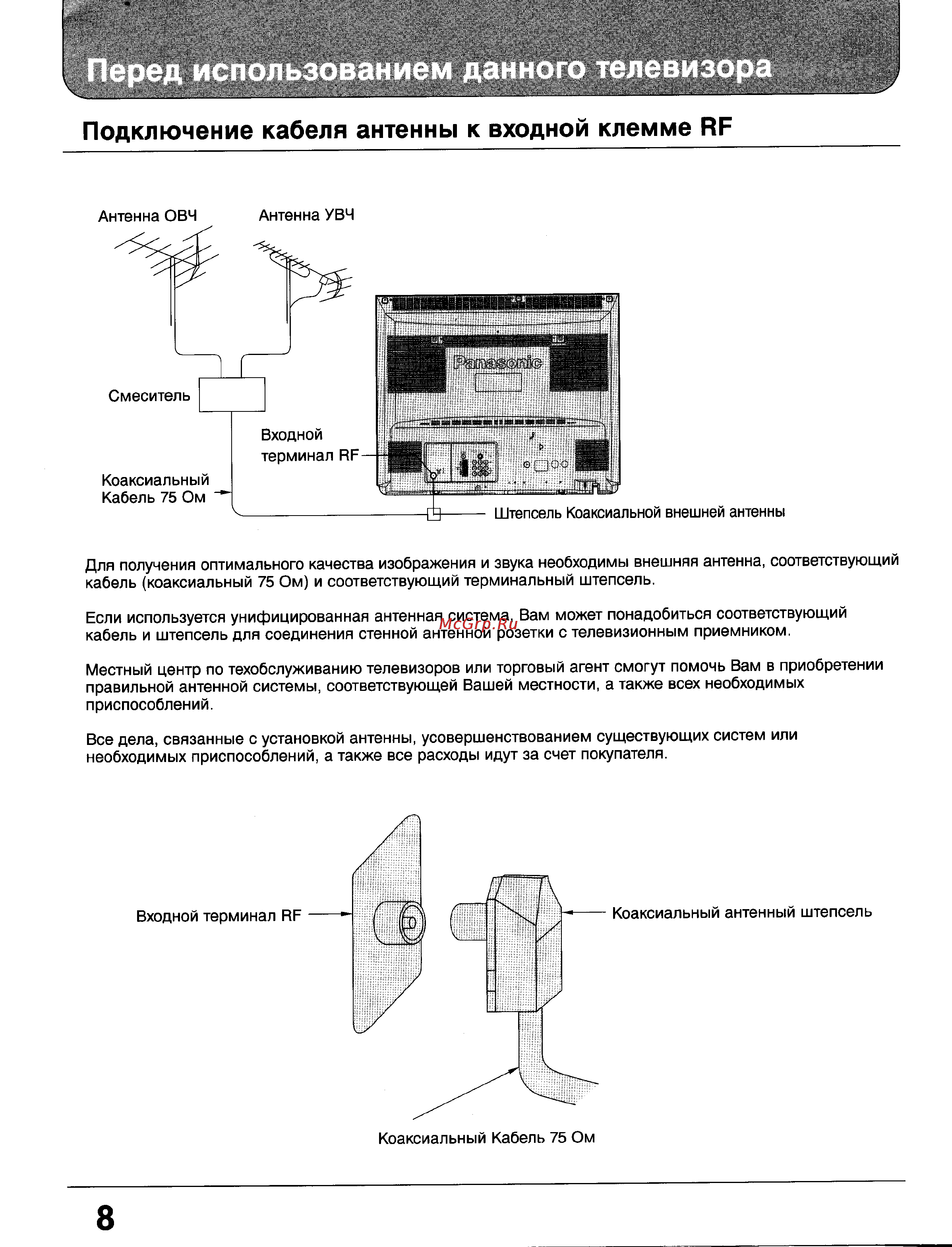 Panasonic TX-25GF85 [8/46] Подключение кабеля антенны к входной клемме пр