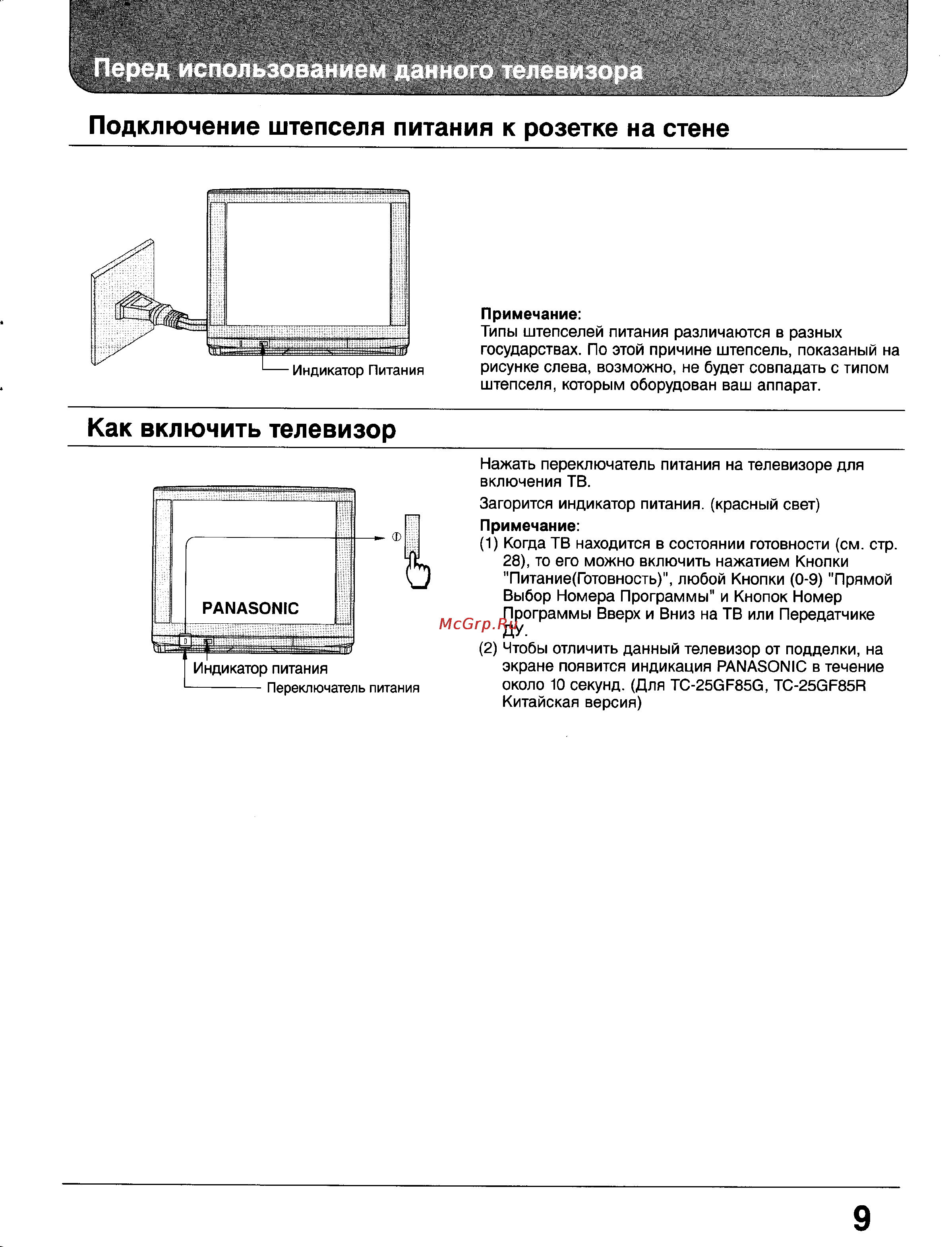 Panasonic TX-25GF85 [9/46] Как включить телевизор