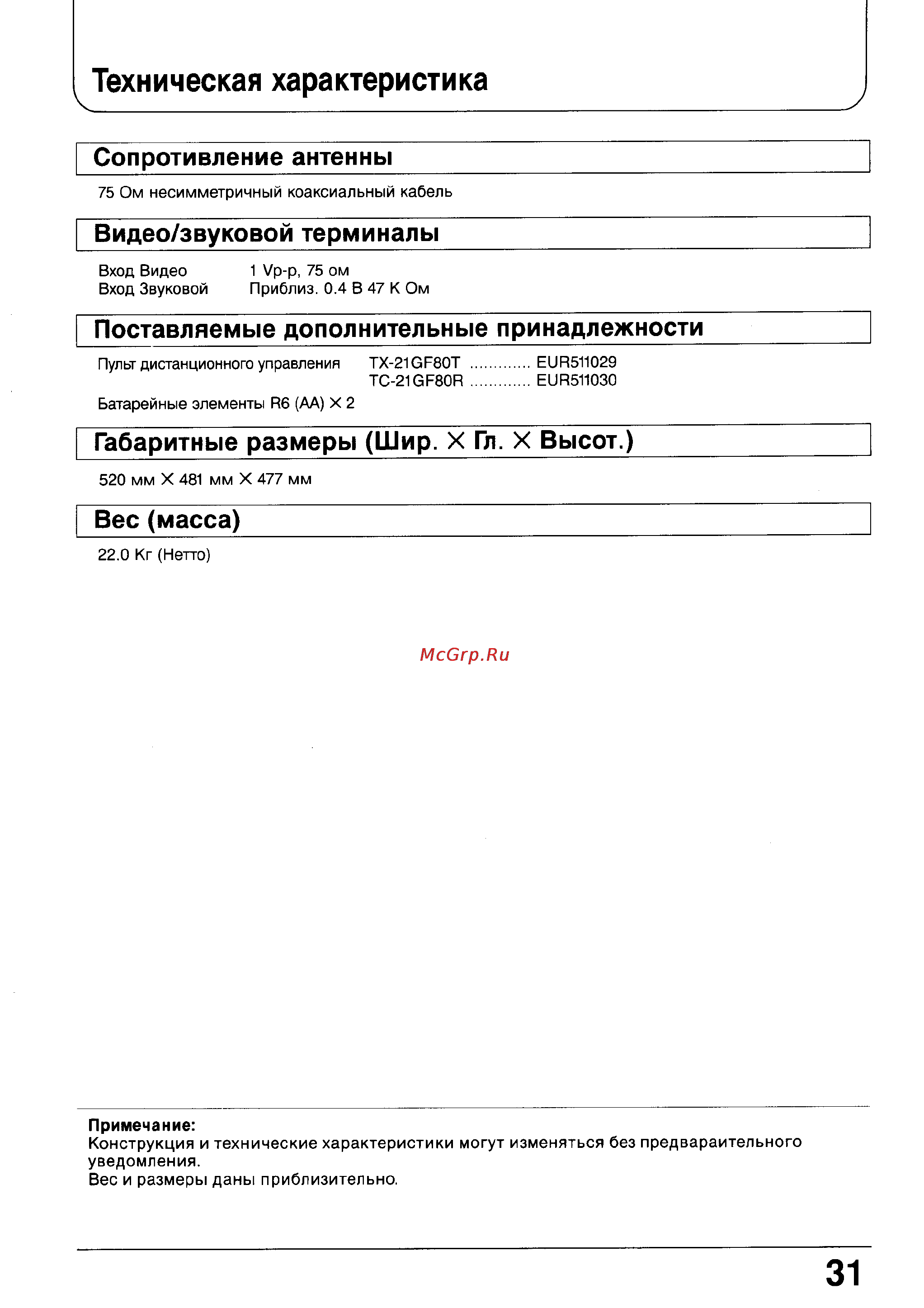 Panasonic TC-21GF80R [30/31] Техническая характеристика