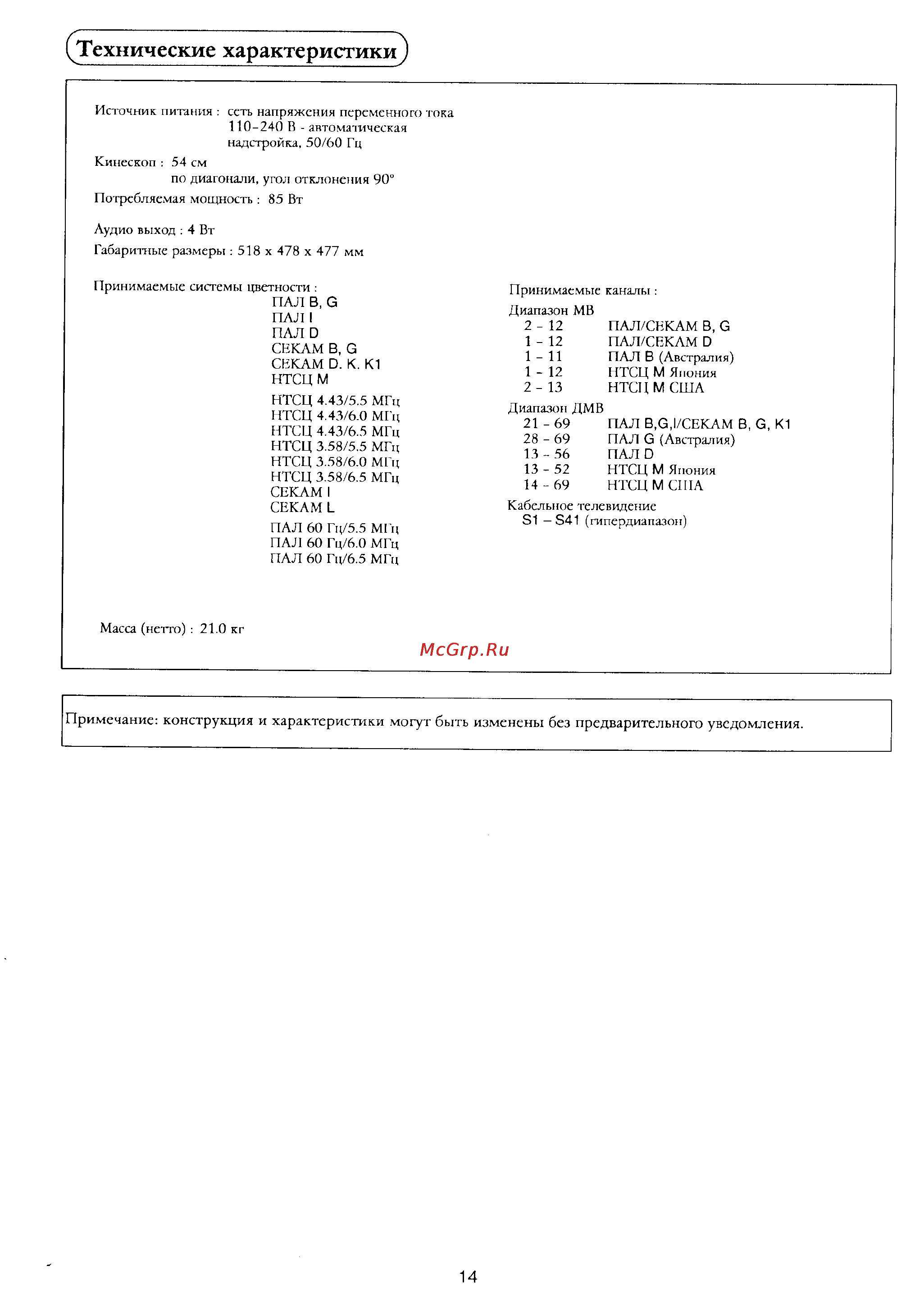 Panasonic TX-21F1T [15/15] Технические характеристики