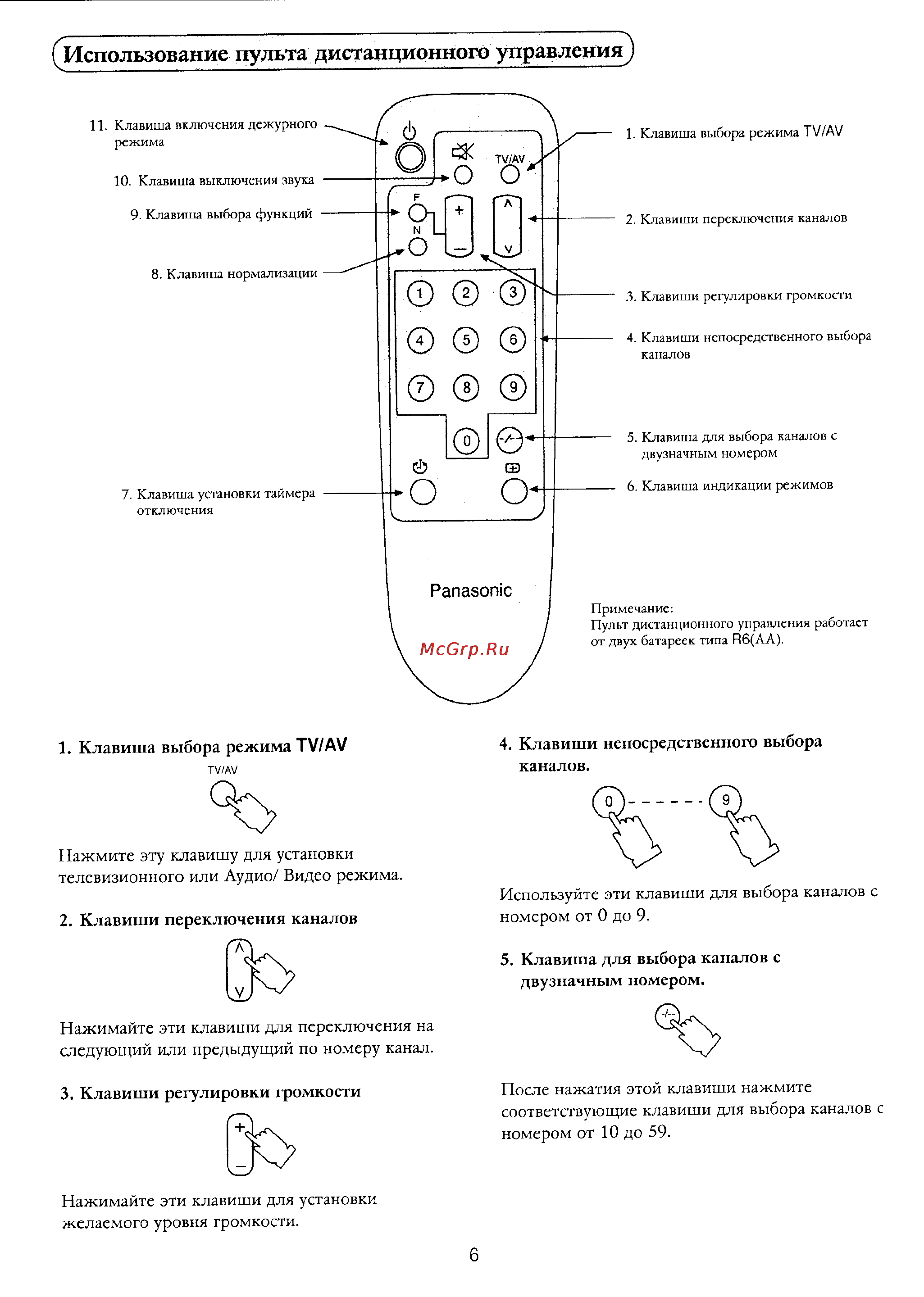 Panasonic TC-14S10R [7/12] Использование пульта дистанционного управления