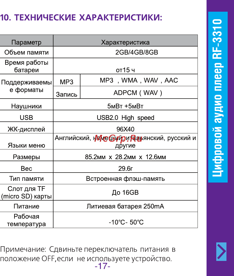 Ritmix RF-3310 2Gb Инструкция по эксплуатации онлайн [17/18] 34053