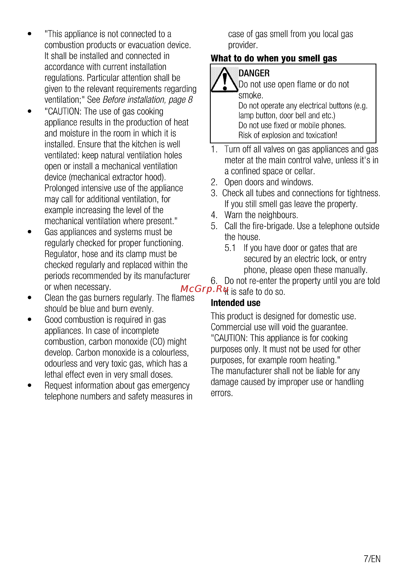Beko HIMW 64225 SW [7/40] Do not operate any electrical buttons e g lamp button door bell and etc do not use fixed or mobile phones risk of explosion and toxication