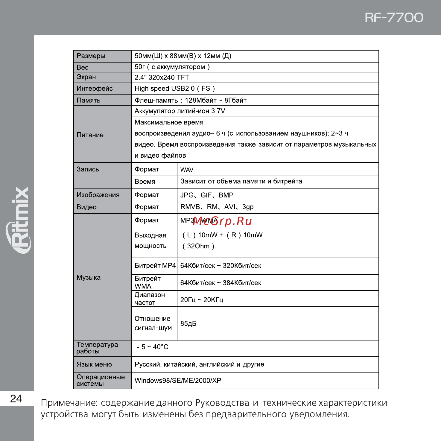 Ritmix RF-7700 Инструкция по эксплуатации онлайн [24/24] 35499