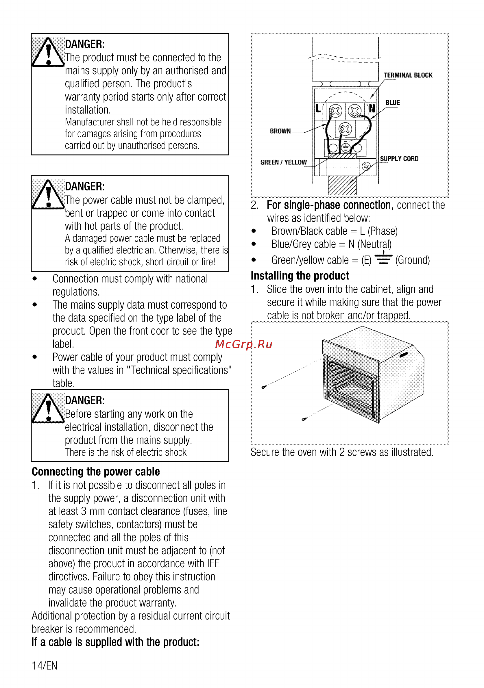 Beko OIM 25600 X [14/68] A damaged power cable must be replaced by a qualified electrician otherwise there is risk of electric shock short circuit or fire